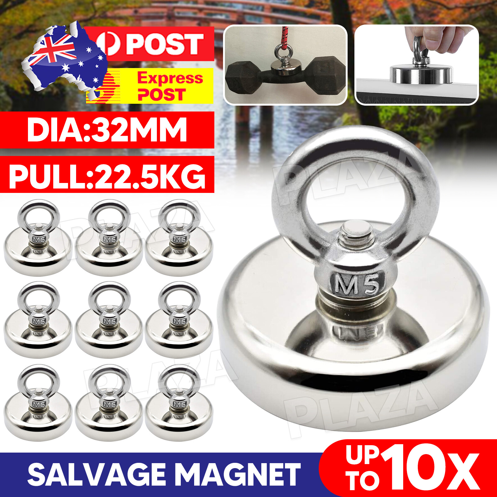 10pcs Salvage Magnet 22.5Kg Neodymium Hook Fishing 31x32mm N35 Black Nickel