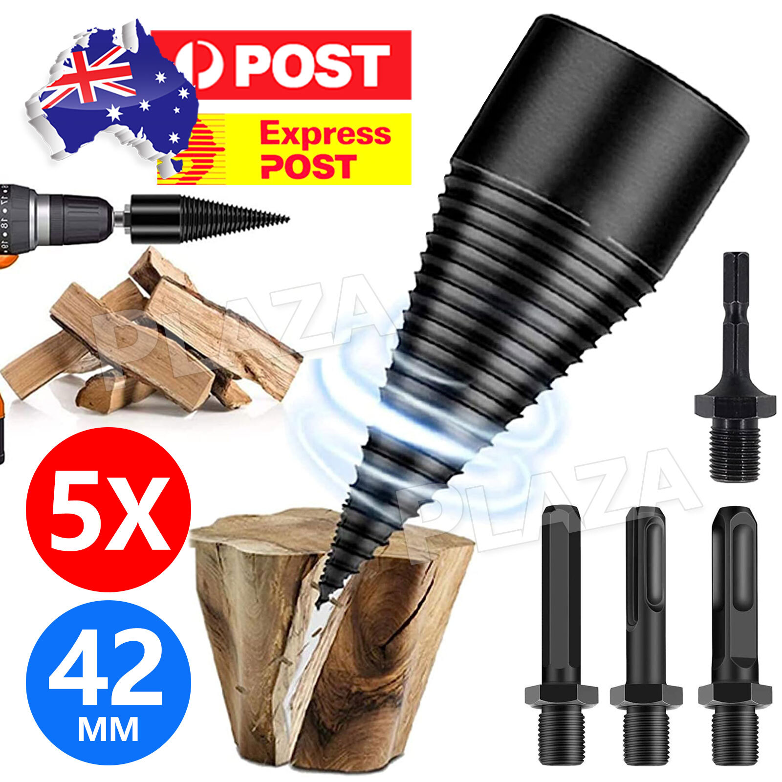 5PCS Steel Firewood Drill Bit Wood Splitter Auger Cone Driver Black 42mm/1.26in