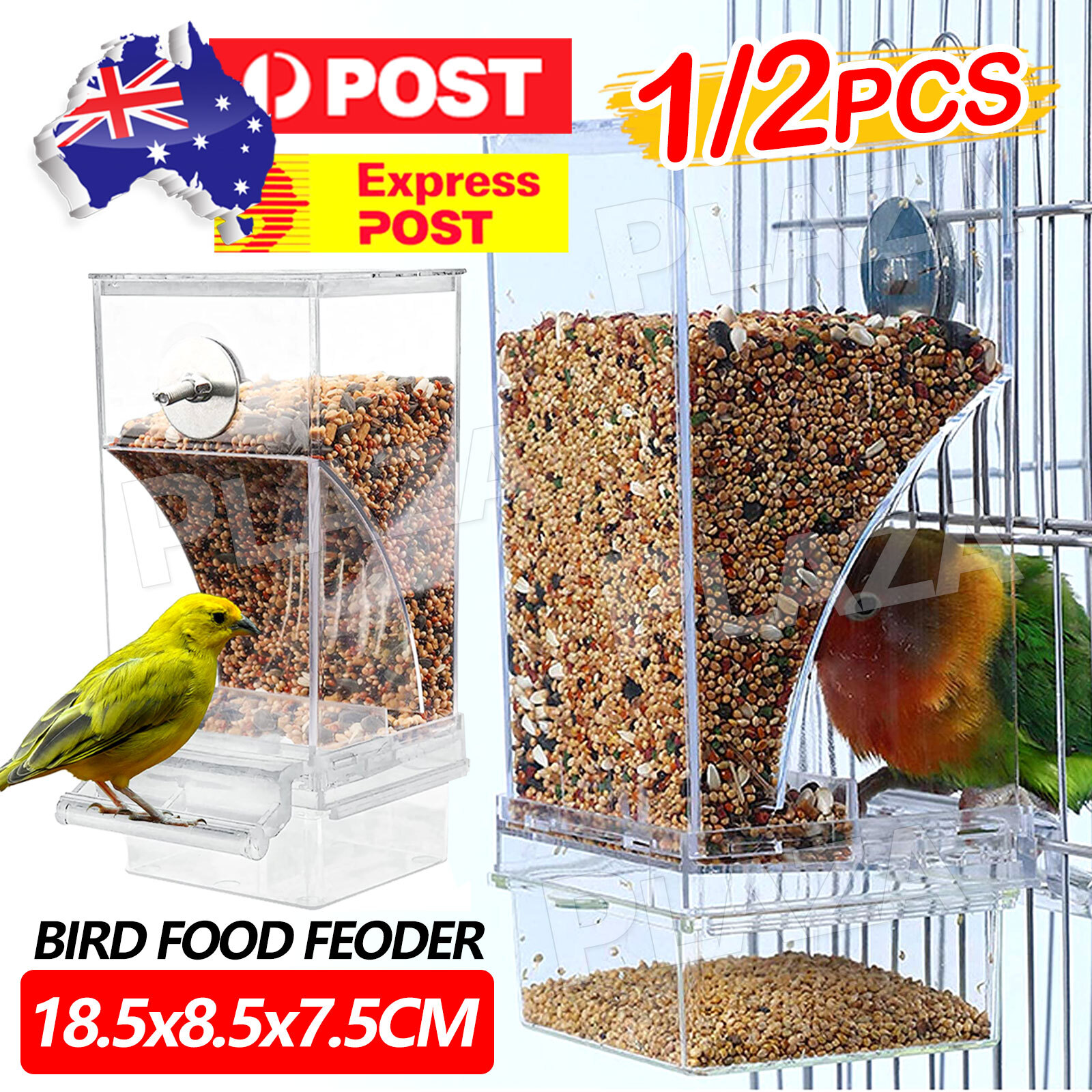 Automatic No Mess Bird Cage Feeder Transparent Acrylic Seed Tube 18.5x8.5x7.5cm