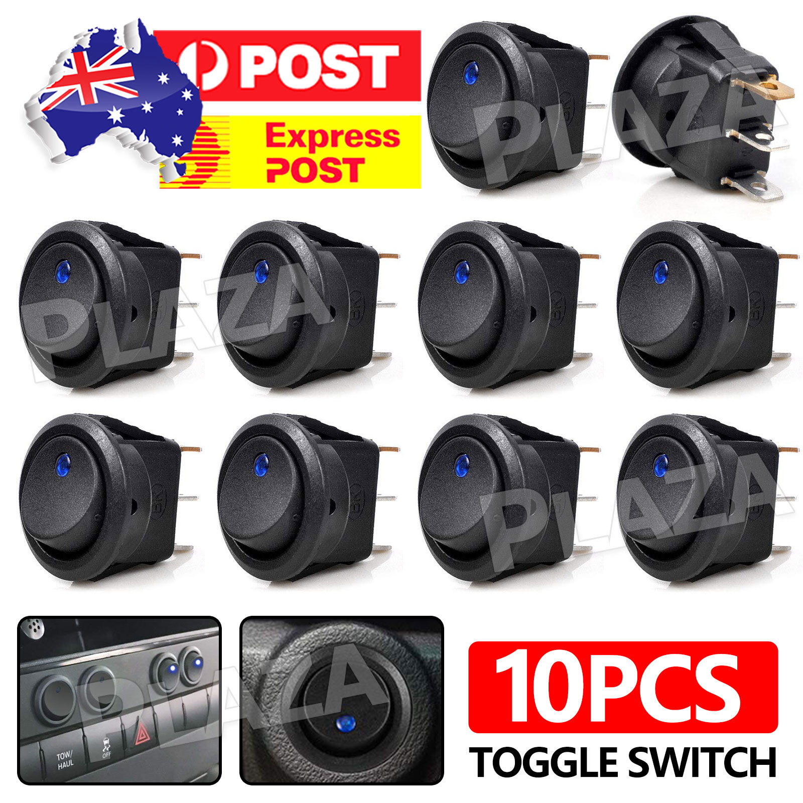 10x Blue LED 12V Car Boat Round Rocker Switch ON/OFF SPST 2 Pins 16A 19mm Hole