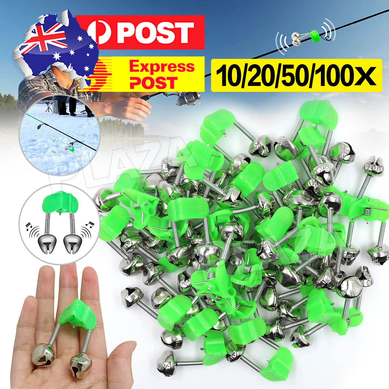 10PCS Twin Bells Bite Alarm Fishing Rod Tip Clip Green Water Resistant Plastic