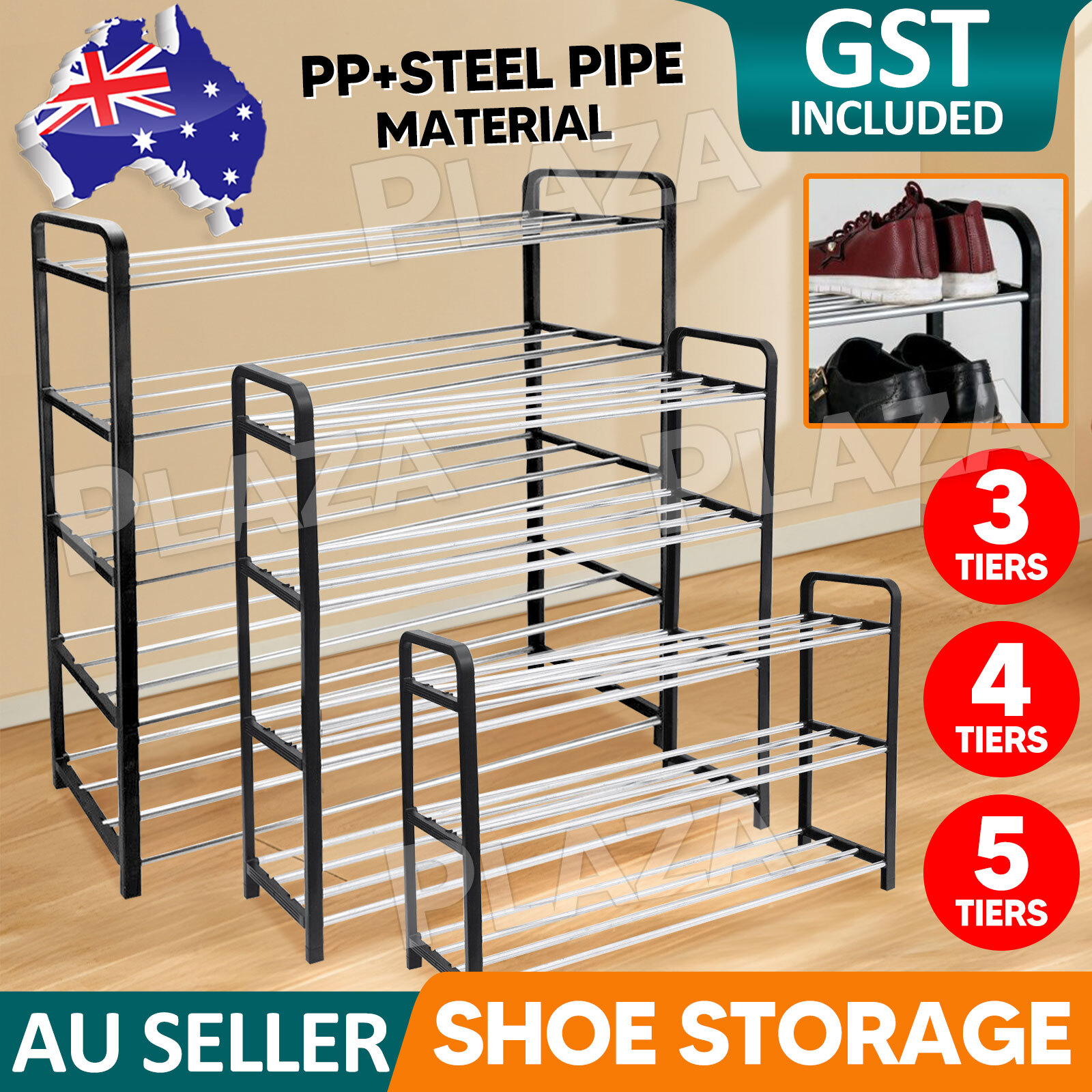Shoe Rack Storage Organizer 3/4/5 Tiers Adjustable Stackable Black Free Standing