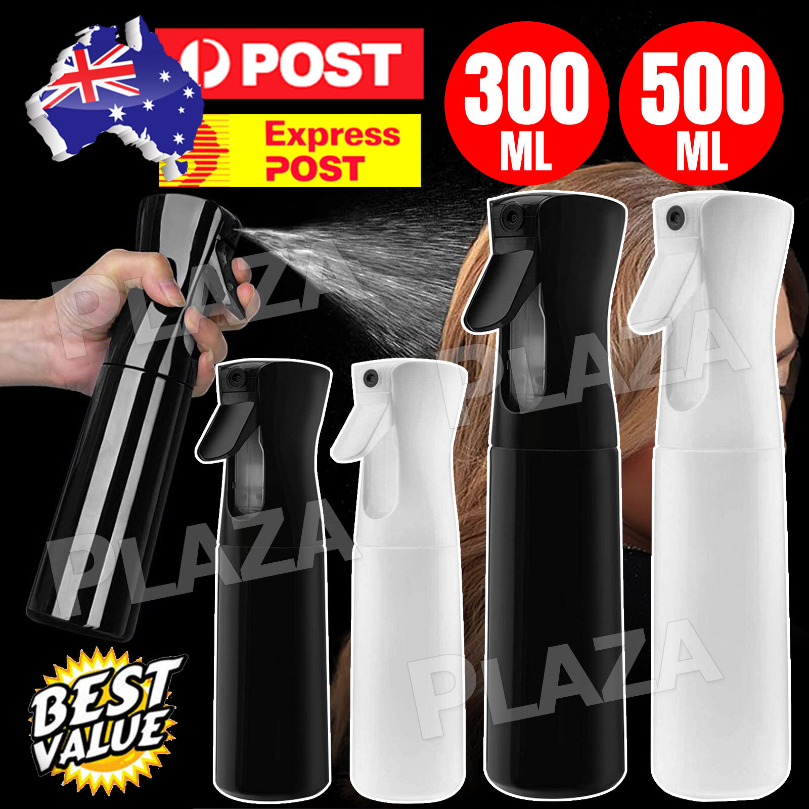Ultra Fine Mist Spray Bottle Continuous Sprayer 300ML Black Reusable Plastic