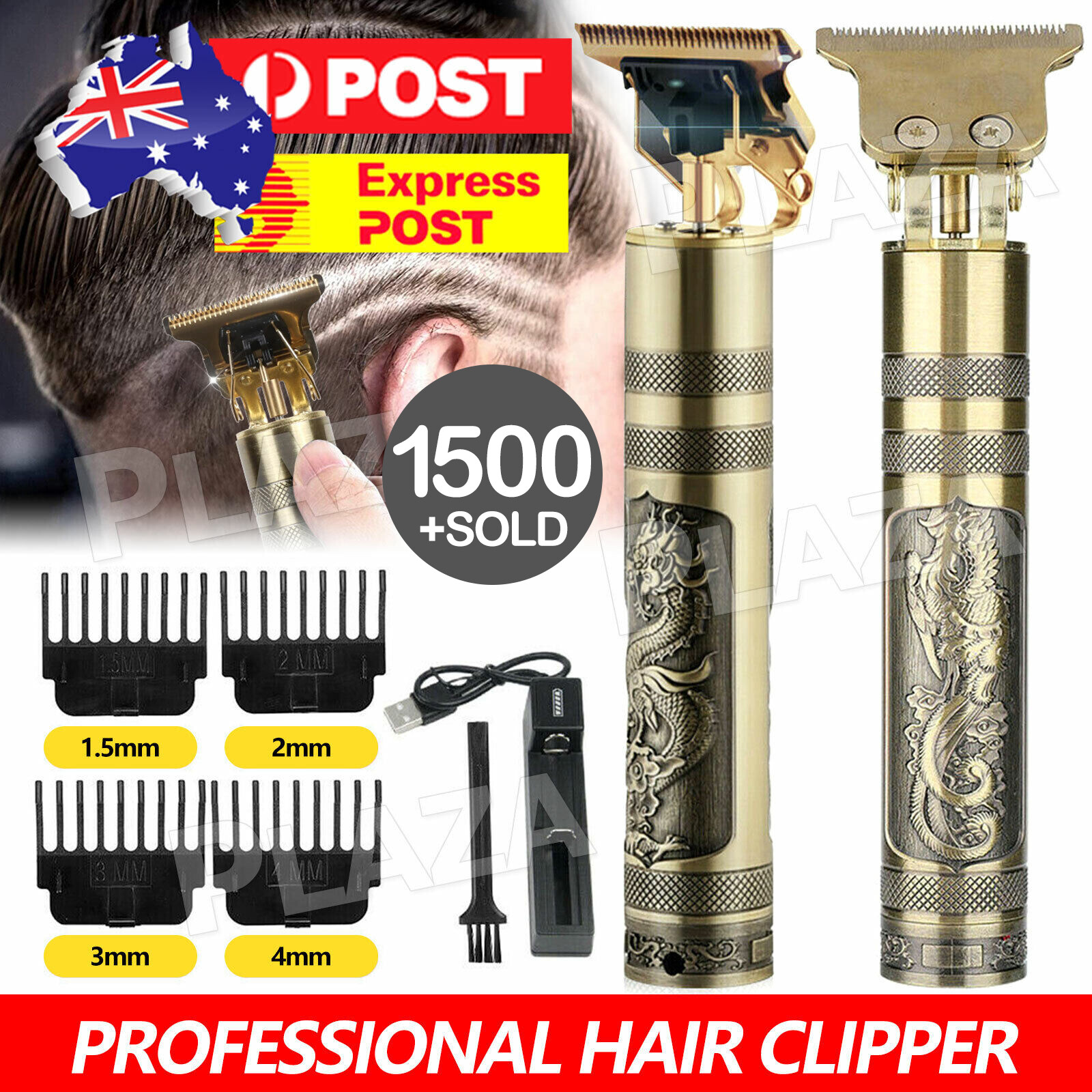 T9 Hair Clippers Beard Trimmer Gold USB Cordless Rechargeable 360 Rotating Head