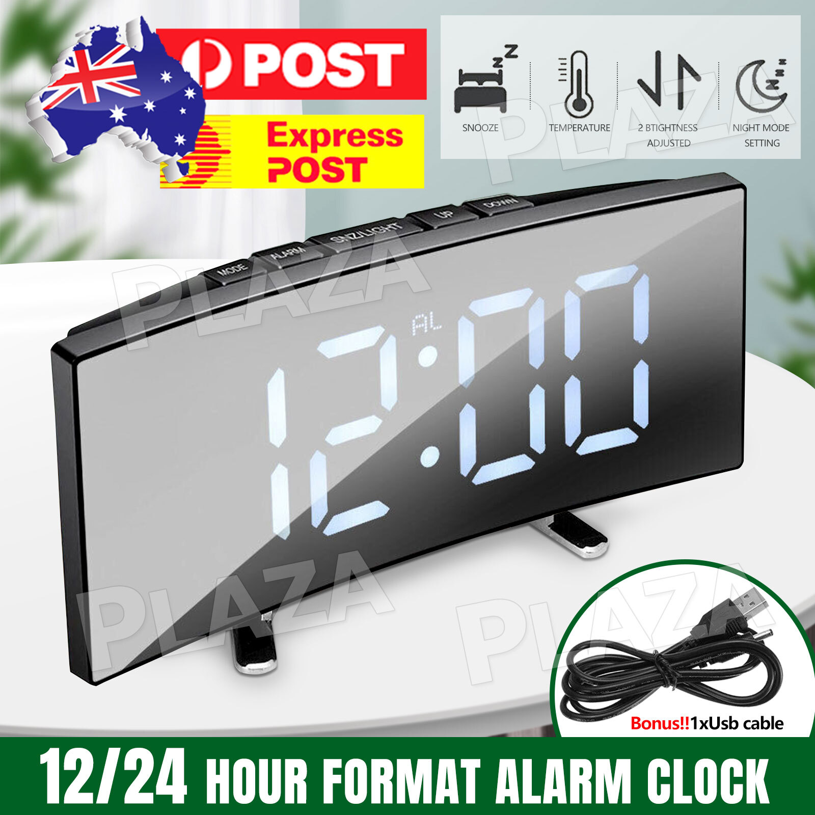 Large LED Digital Alarm Clock Bedside USB AAA Battery Temperature Display Black