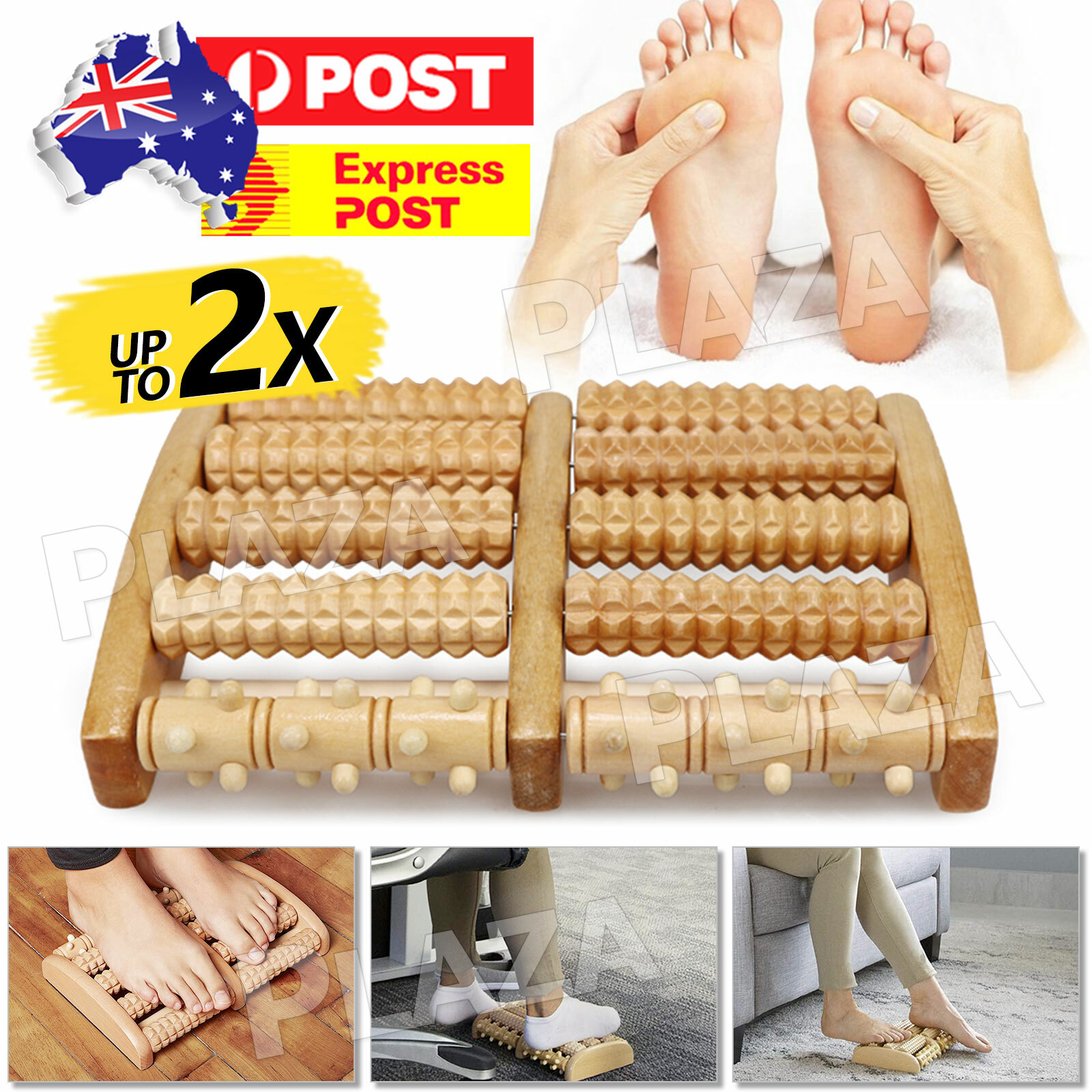 2x Wooden Foot Roller Massager Shiatsu Pain Relief Brown 27cm 17cm Relax Stress