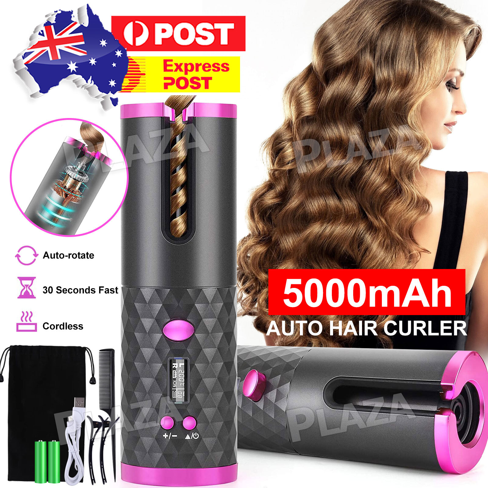 Automatic Rotating Cordless Ceramic Hair Curler Titanium Barrel 150-200 Grey LCD