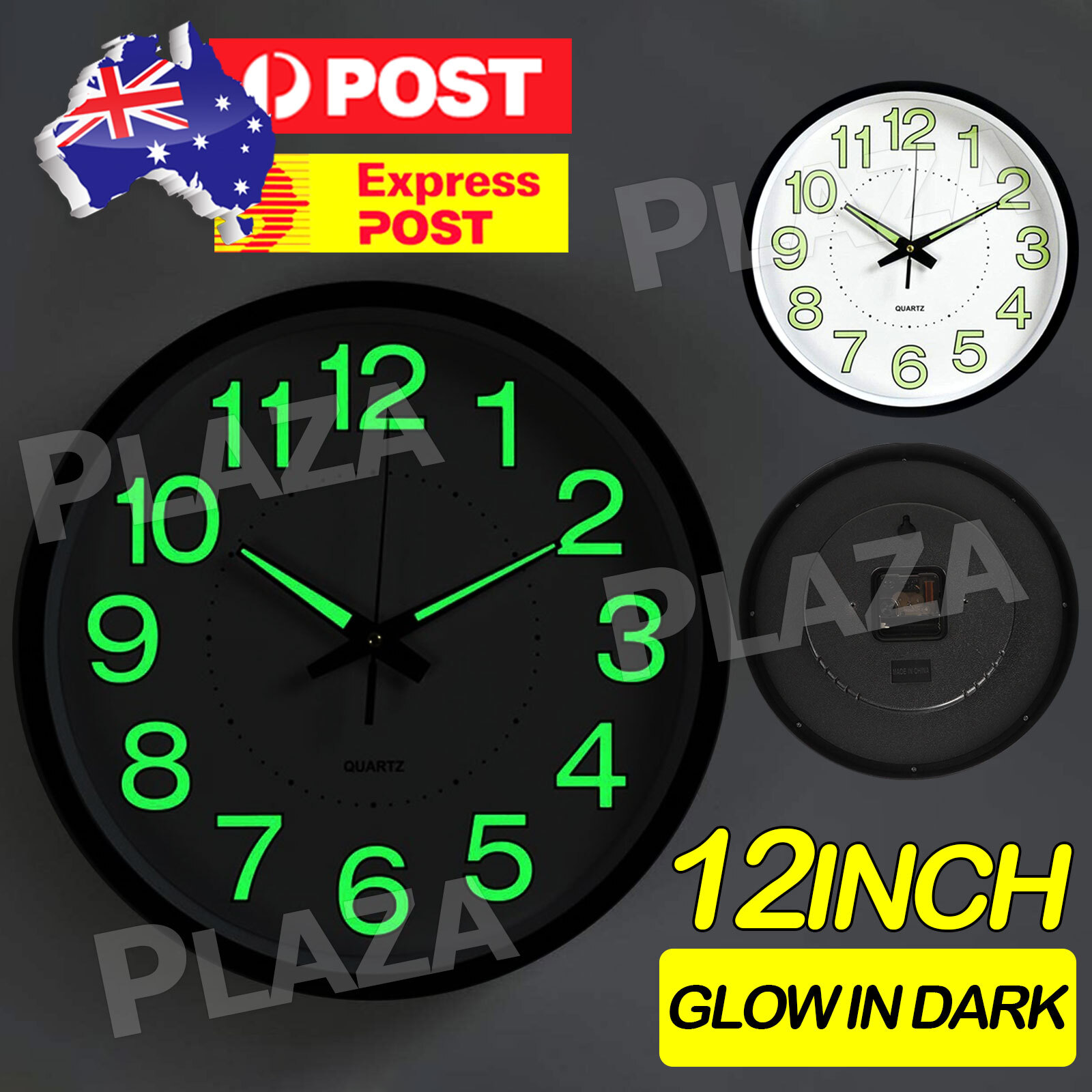 Luminous Wall Clock Glow In The Dark Silent Quartz 12inch/30cm Black White Round