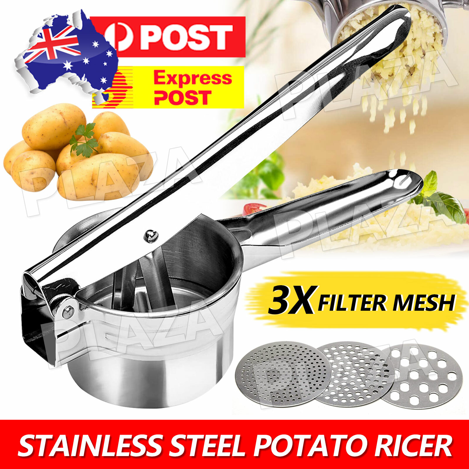 Stainless Steel Potato Ricer Masher Fruit Press With 3 Discs 26.5 9.5cm Silver