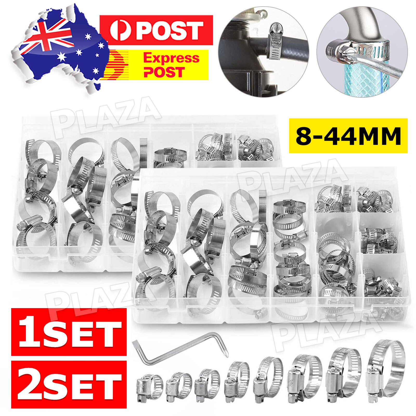 182PC Fuel Stainless Steel Hose Clamps Adjustable Worm Gear Clamp 8-44MM Silver
