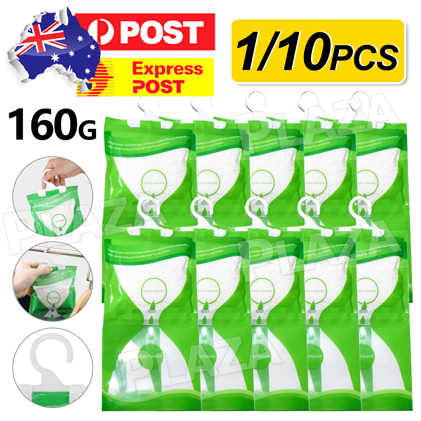 10Pcs Dehumidifier Bag Moisture Absorber Hanging Wardrobe 160g Green Hygroscopic