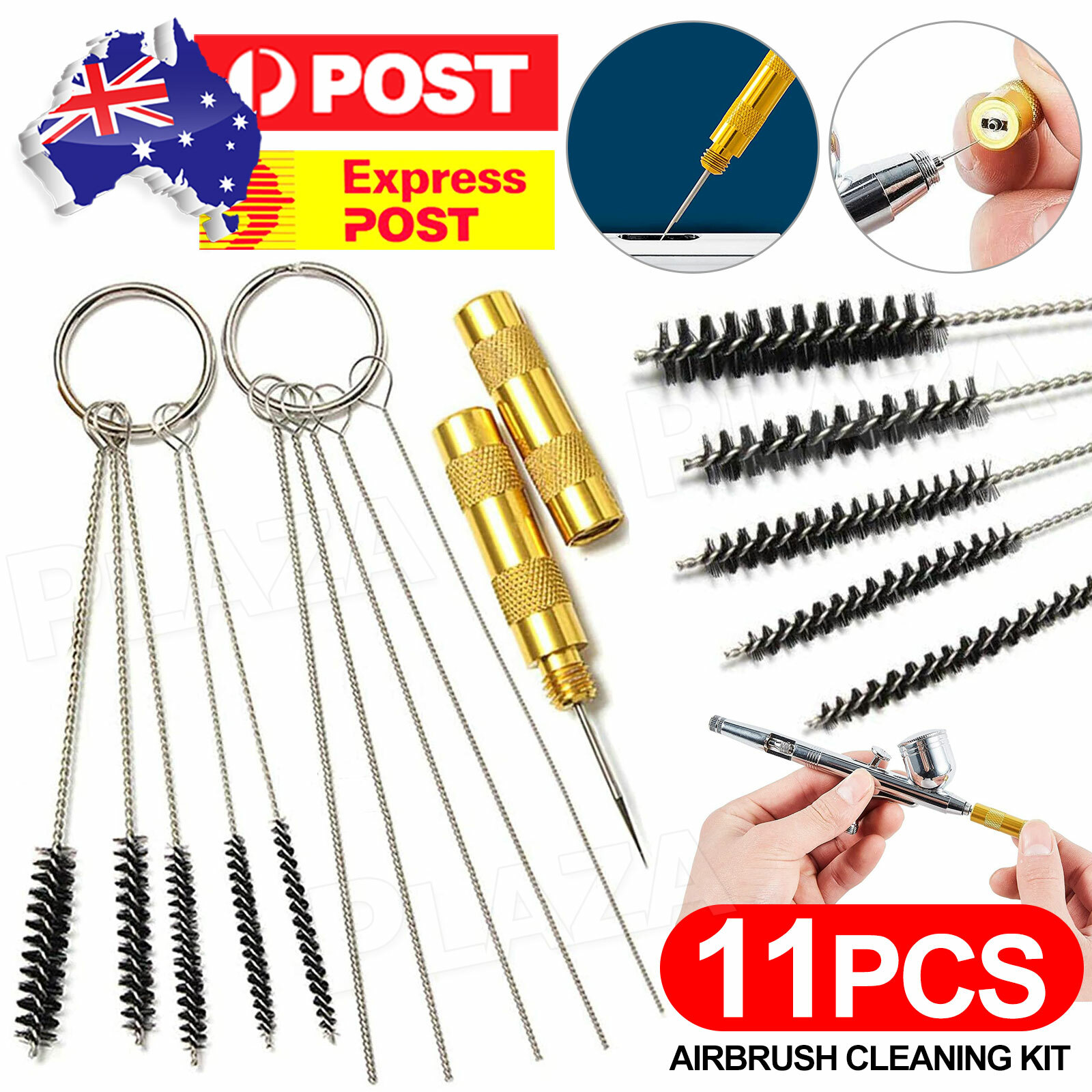 11PCS/Set Airbrush Cleaning Needle Brush Kit Spray Gun Nozzle Cleaner Silver