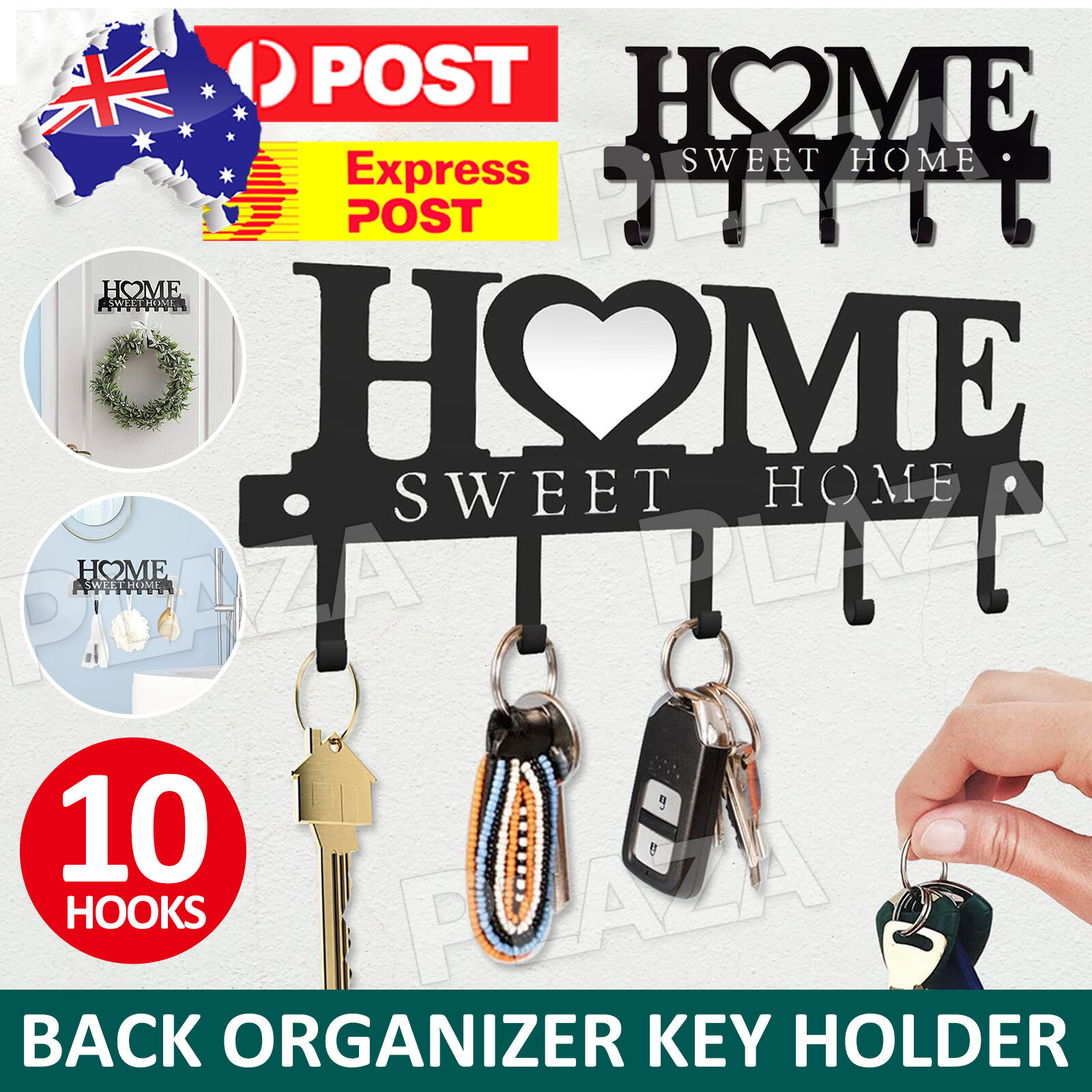 Door Back Organizer Key Holder Rack 10 Hooks Iron Black Wall Mounted 26x9CM
