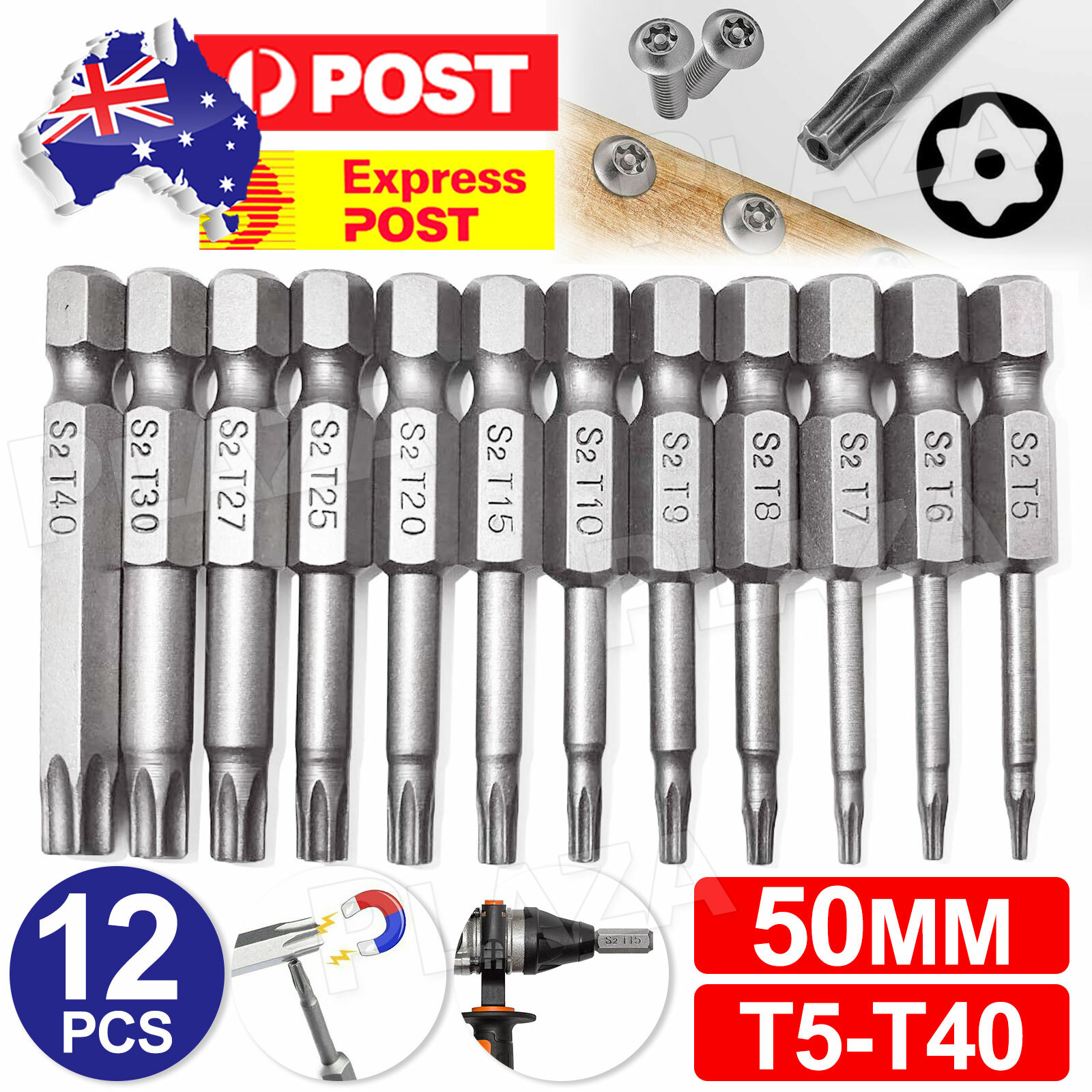 12Pcs Torx Screwdriver Bit Set 50mm T5-T40 Carbon Steel Magnetic 1/4 inch hex