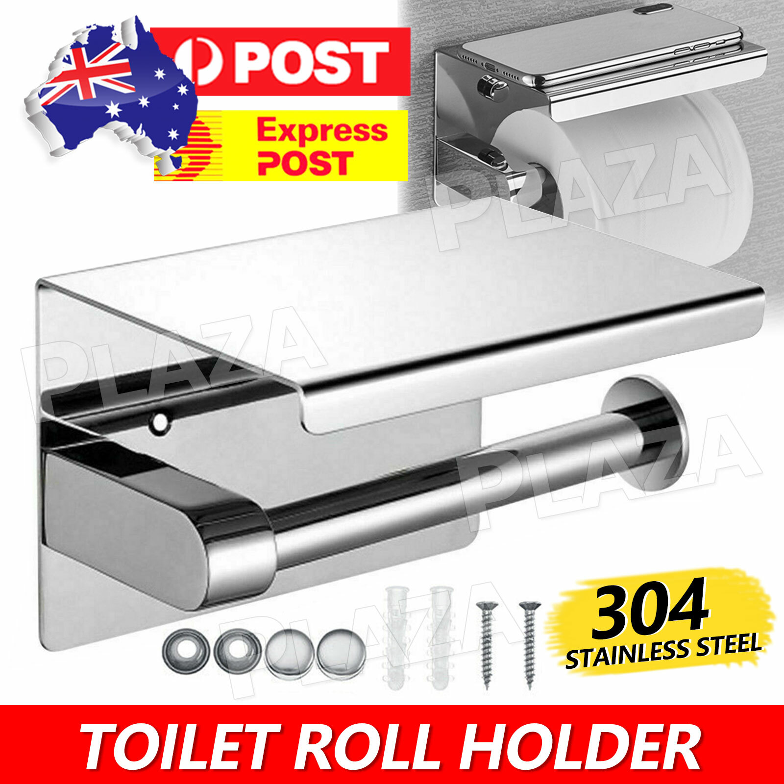304 Stainless Steel Toilet Paper Roll Holder Shelf Wall Mounted Bathroom Silver