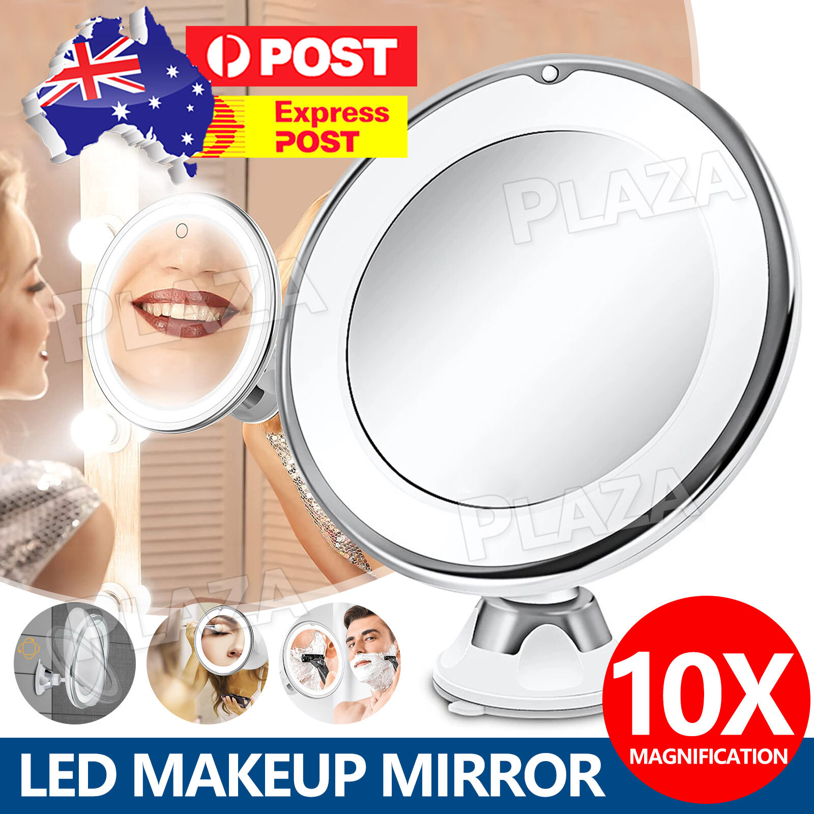 10X Magnifying Makeup Mirror LED Light 360 Rotation White Suction Cup Glass