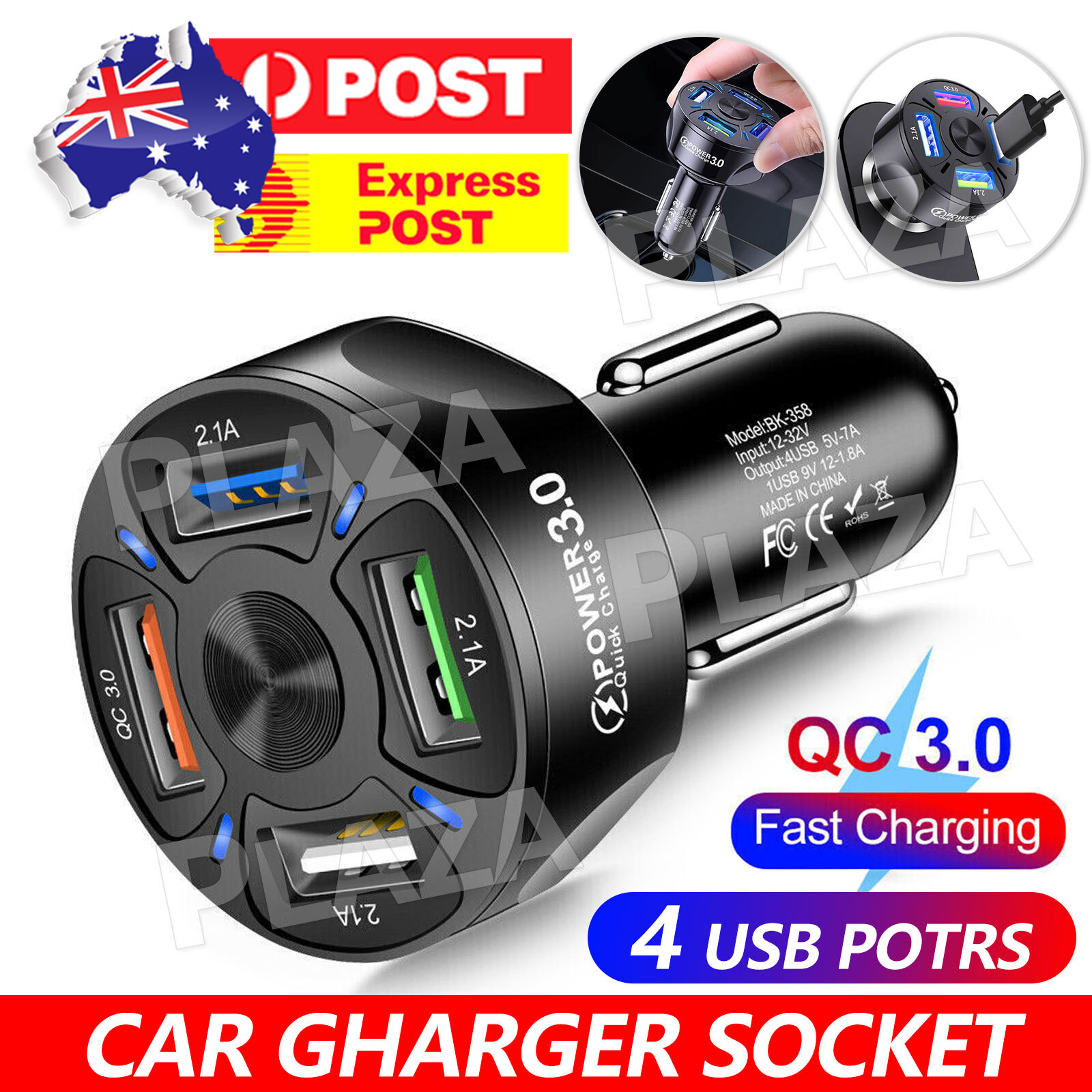 4 Ports Car Lighter Socket 12V-24V 4 USB QC3.0 Fast Charger ABS Black 7000mA