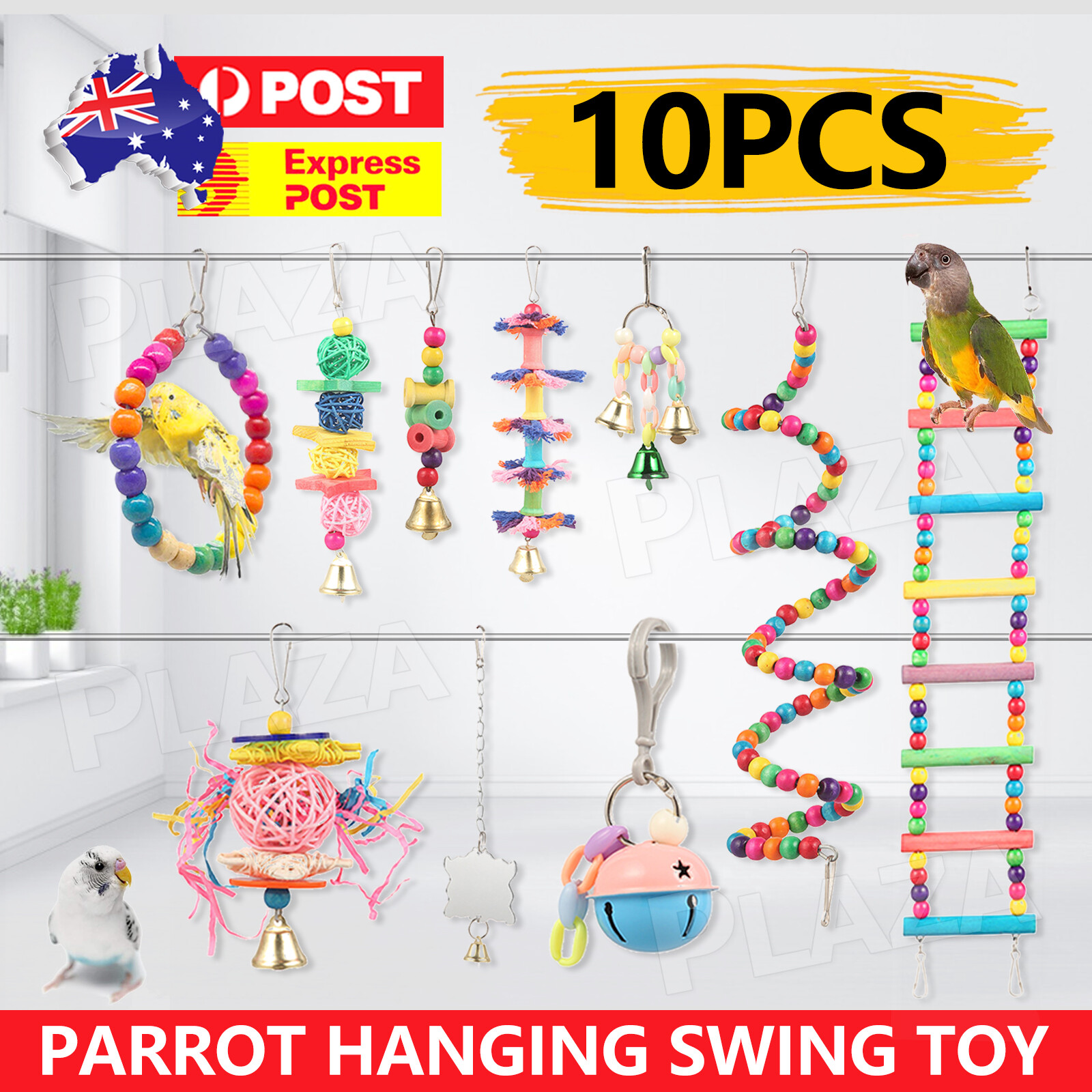 10PCS Parrot Bird Swing Toys Cage Hanging Bell Chewing Set Wood Metal Hemp Rope