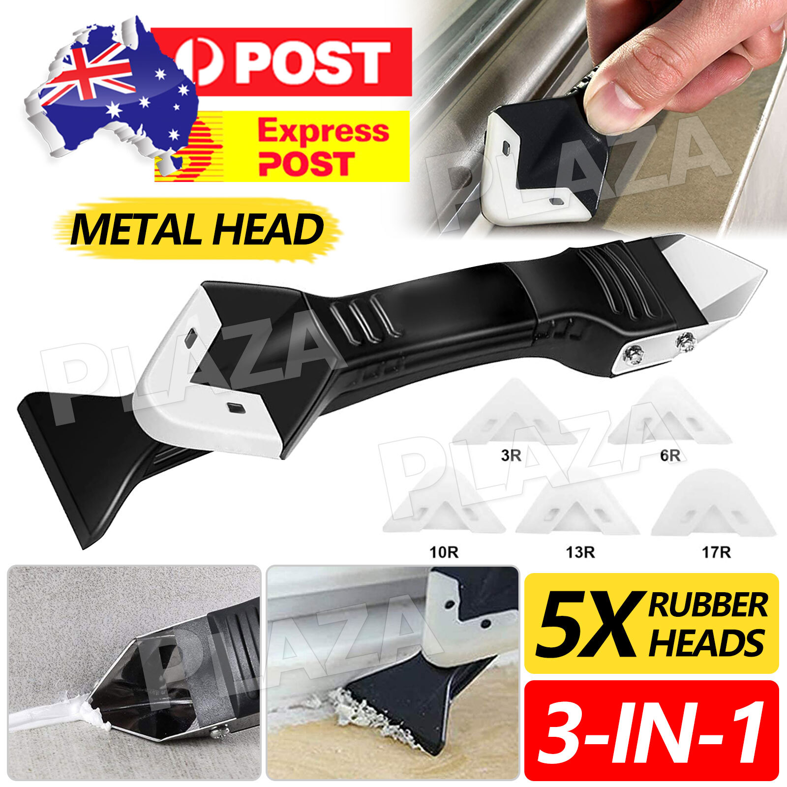3in1 Silicone Caulking Tool Residue Scraper Black Plastic/Metal Angle about19cm