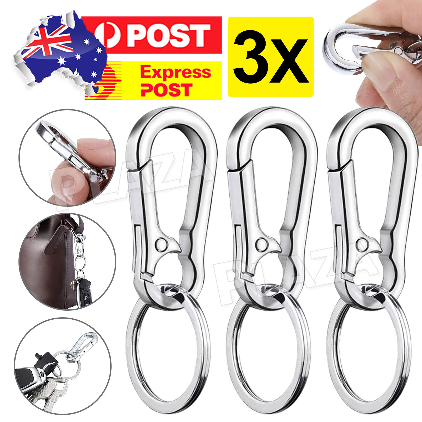 3pcs Stainless Steel Clasp Keychain Split Ring Silver Hook 6.8x2.3CM Detachable