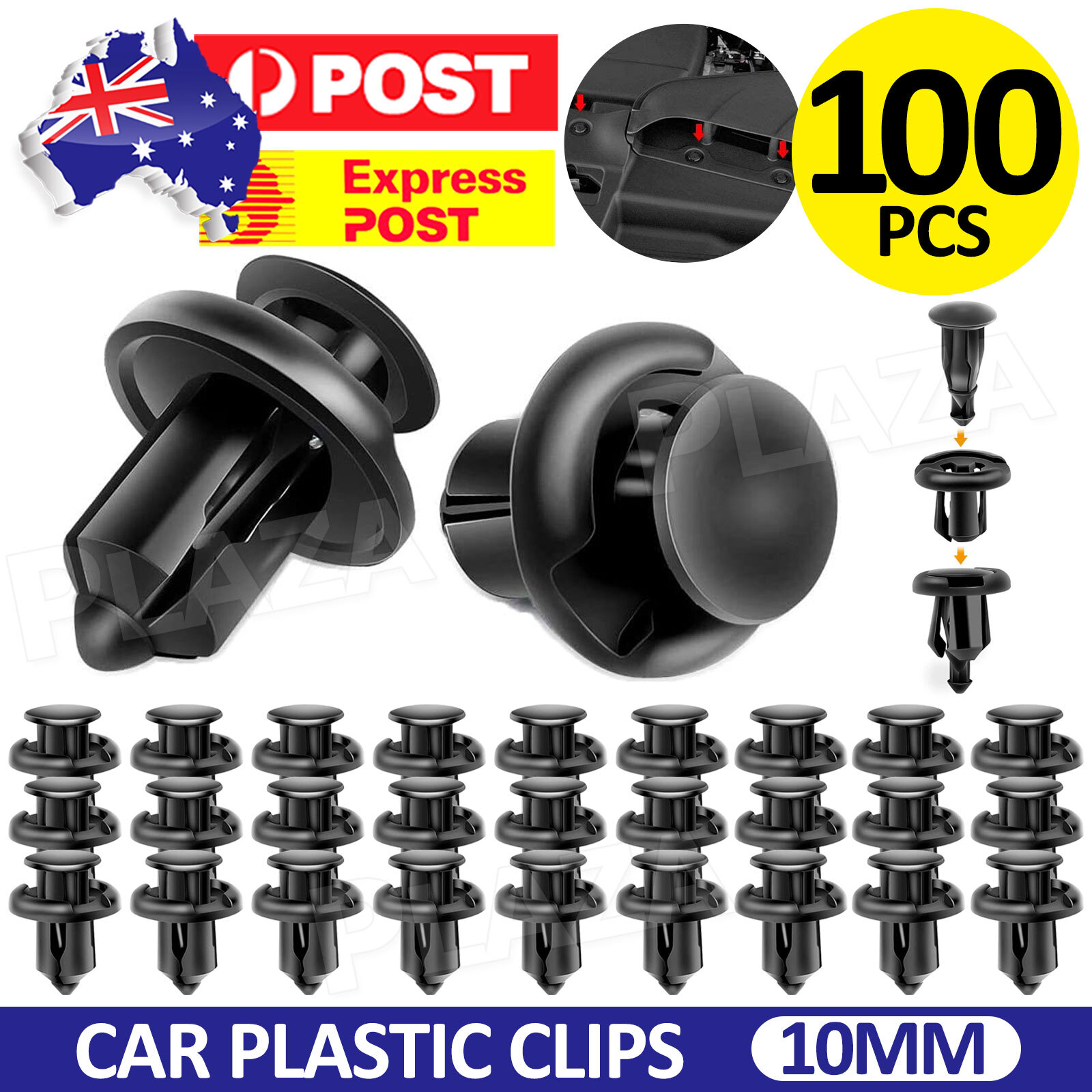 100 Car Plastic 10mm Push Rivet Clips Black Nylon Door Boot Trim Bumper FASTENER