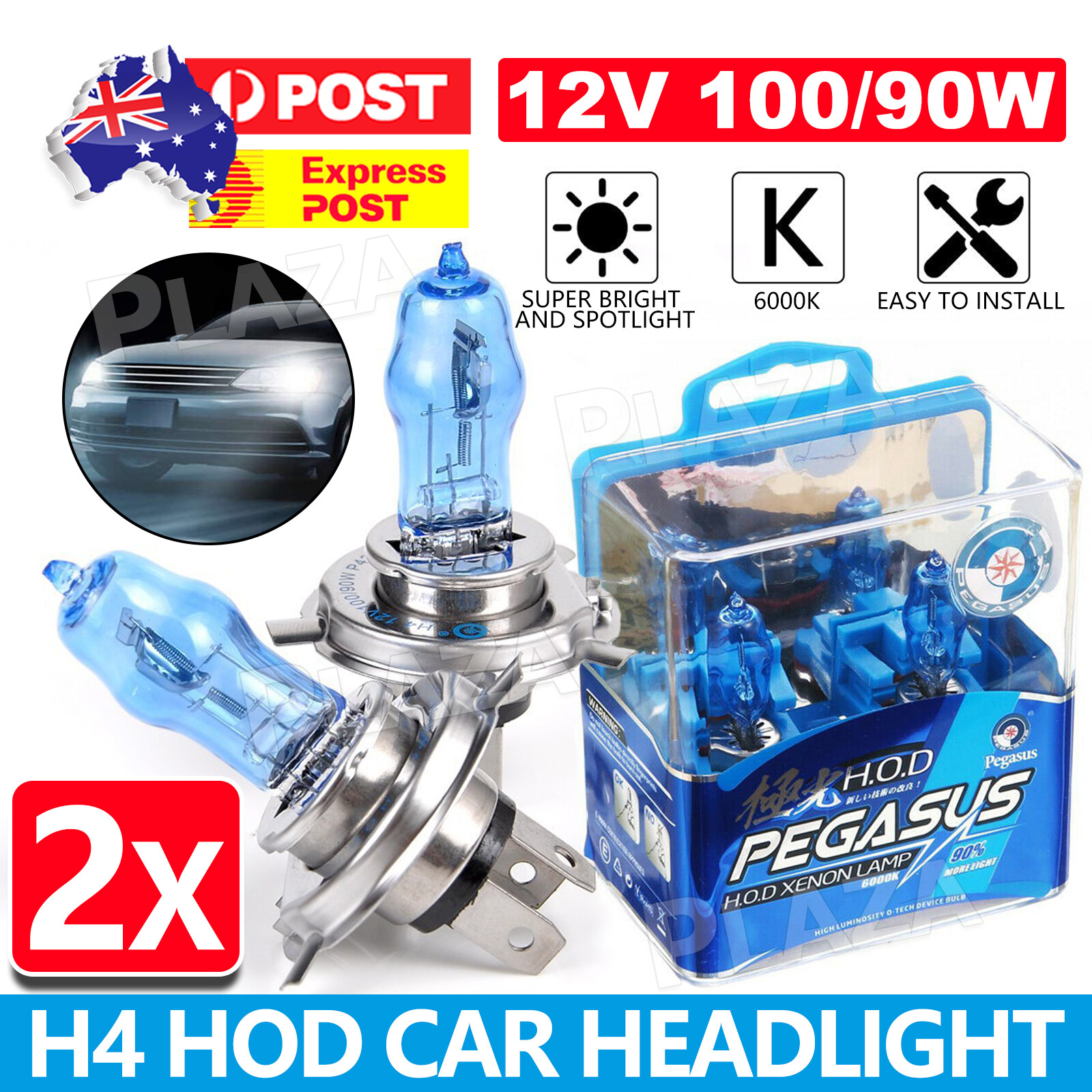2x H4 HOD Xenon Headlight Bulbs 12V 100/90W Super White 6000K High Low Beam