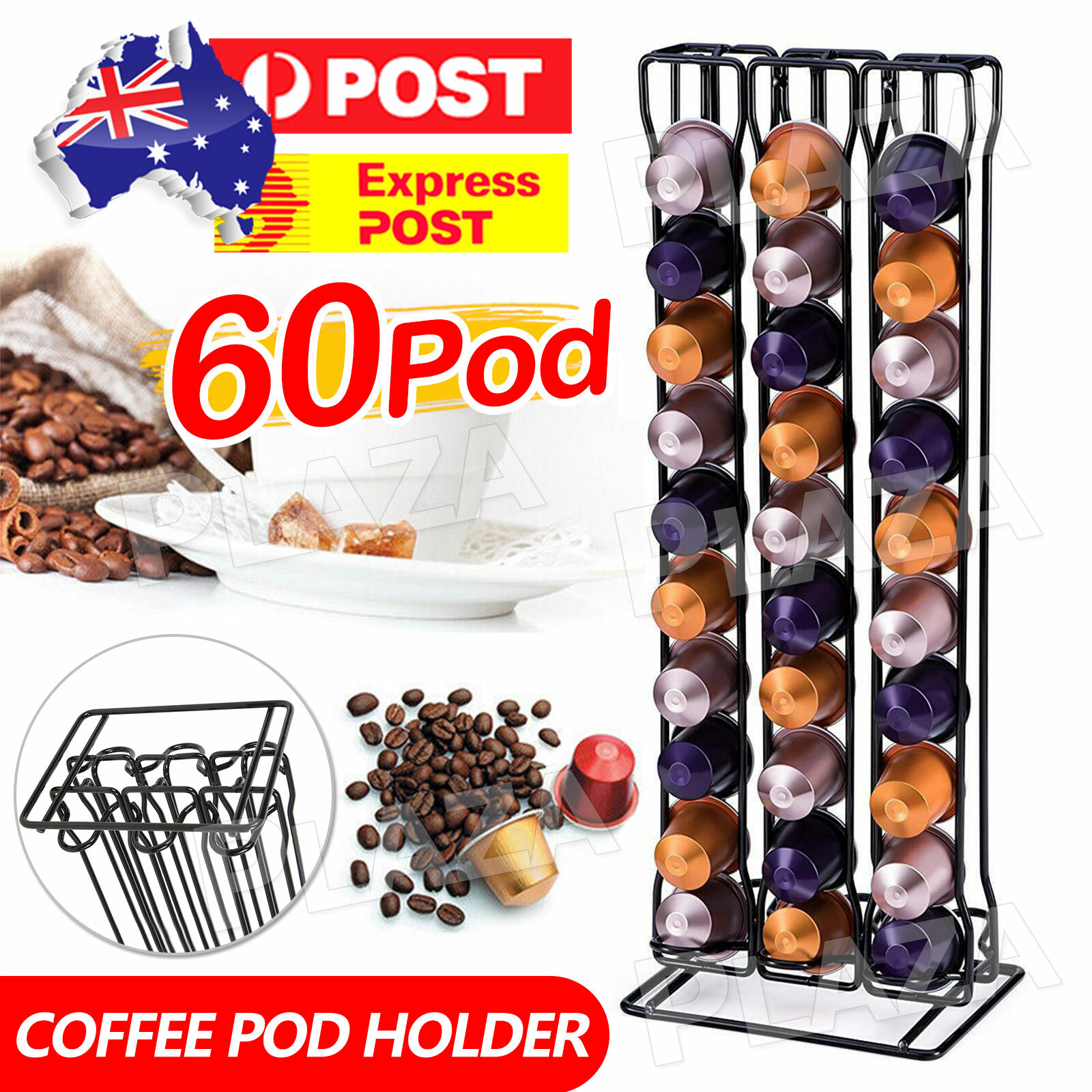 Nespresso 60 Pods Coffee Capsules Holder Black Iron Chrome Plated Tower Stand