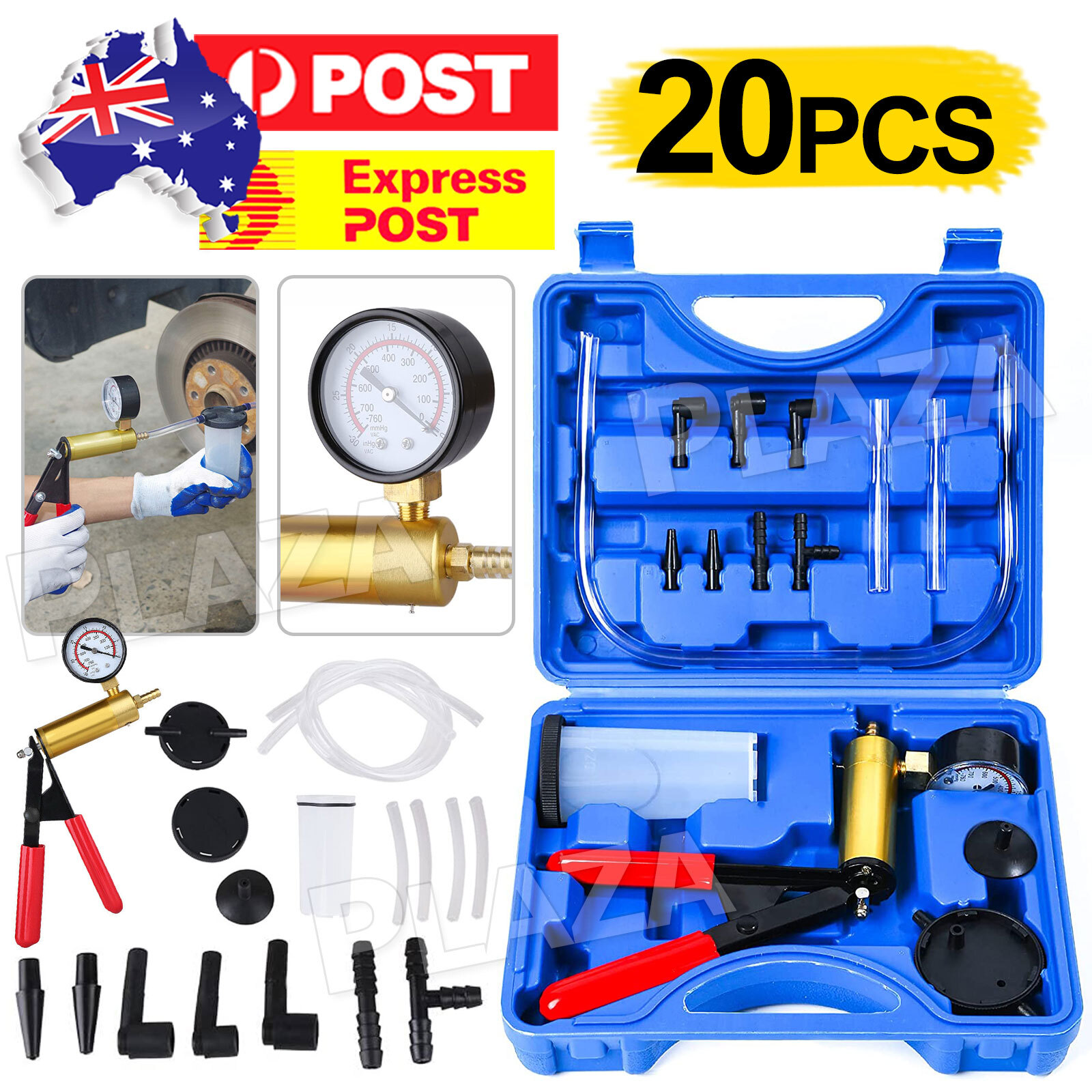 Brake Bleeder Vacuum Pump Kit Hand Held Gauge Tubing Adaptors Blue Motorbike Car