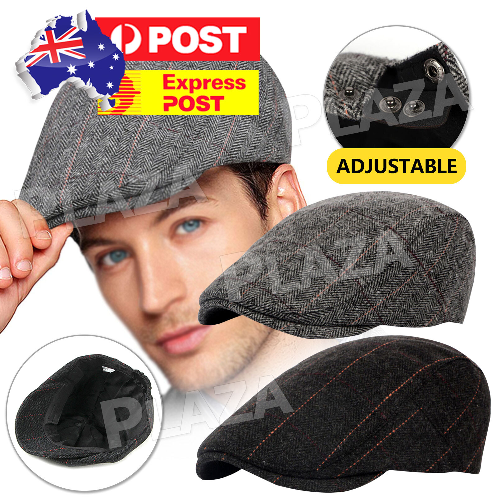 Mens Newsboy Gatsby Cap Flat Ivy Hat Wool Black/Grey Adjustable 55-59cm Golf