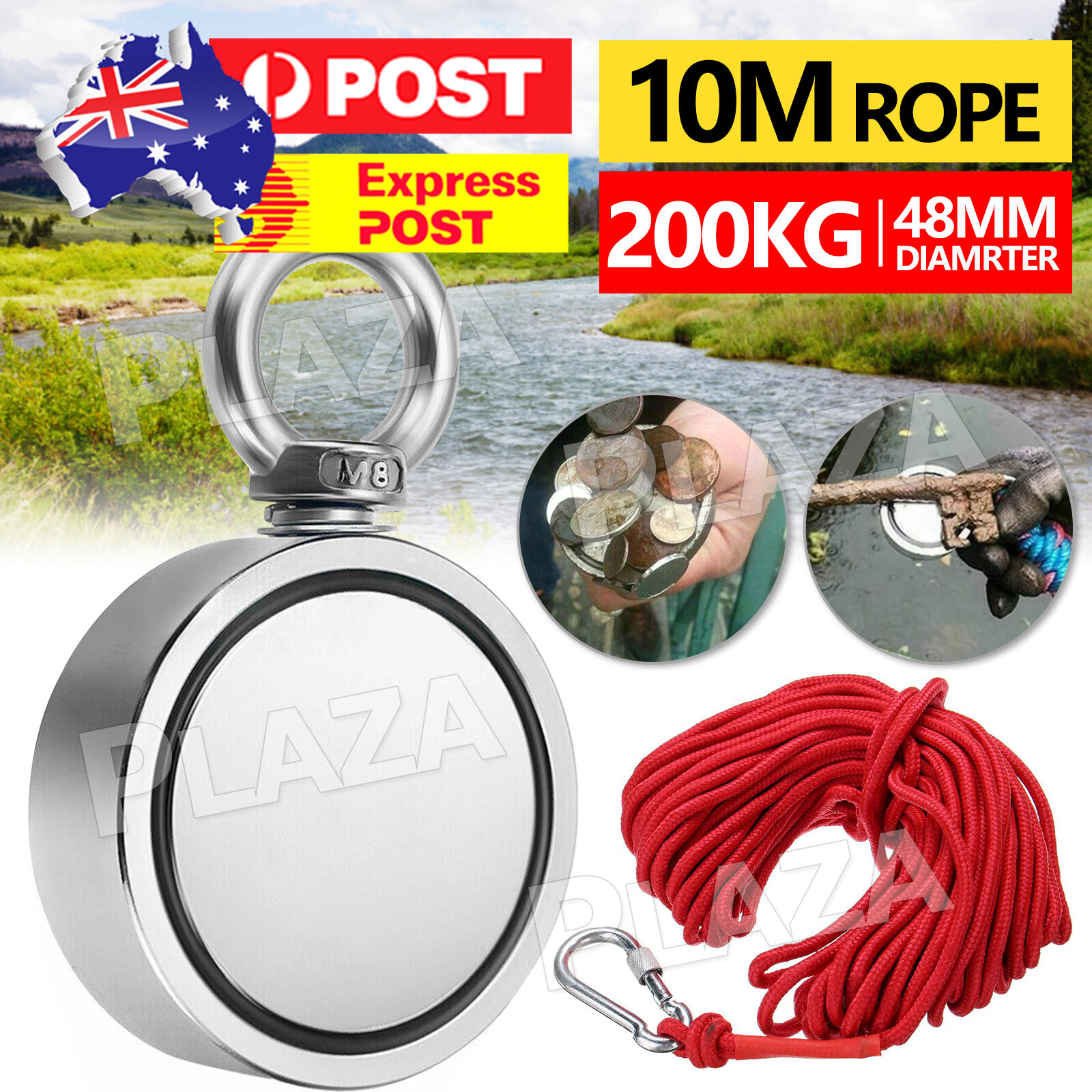 200Kg Double Sided Neodymium Salvage Magnet Hook Kit N50 48mm Rope 10m Fishing