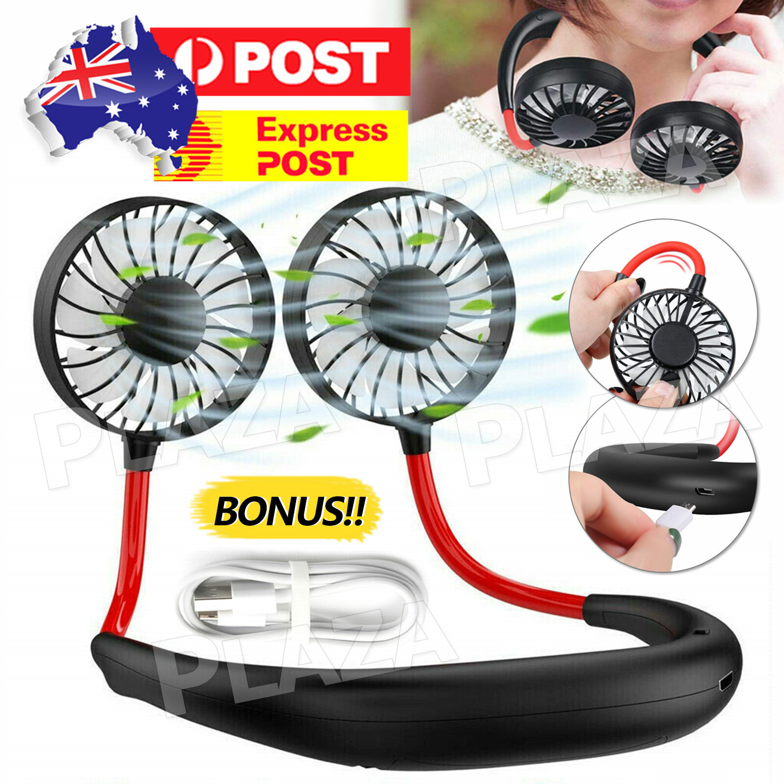 Mini Fan Hanging Neck USB Charging Portable Black 1200mAh Three gears Silent