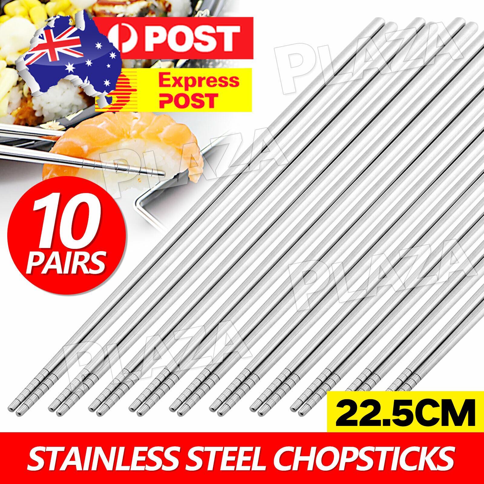 10 Pairs Stainless Steel Chopsticks Set Silver Reusable Cutlery 22.5cm Anti-skip