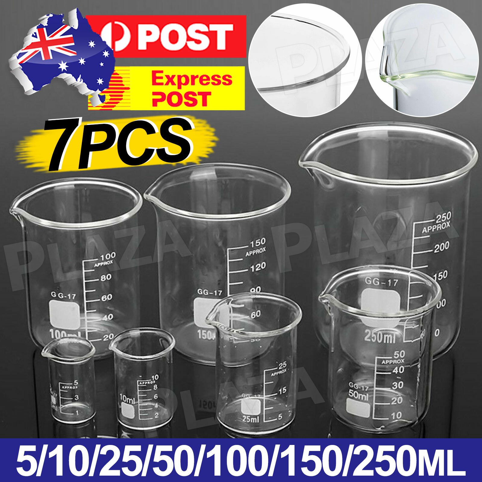 7Pcs Borosilicate Glass Low Form Beaker Set 5ml 10ml 25ml 50ml 100ml 150ml 250ml