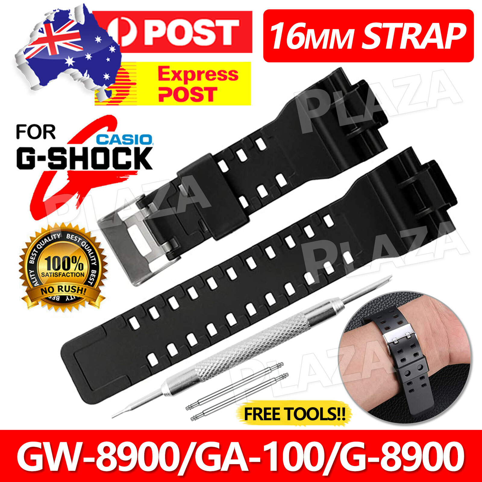 16mm TPU Black Watch Band Strap Casio G-Shock GA-100 GA-120 GW-8900 Waterproof