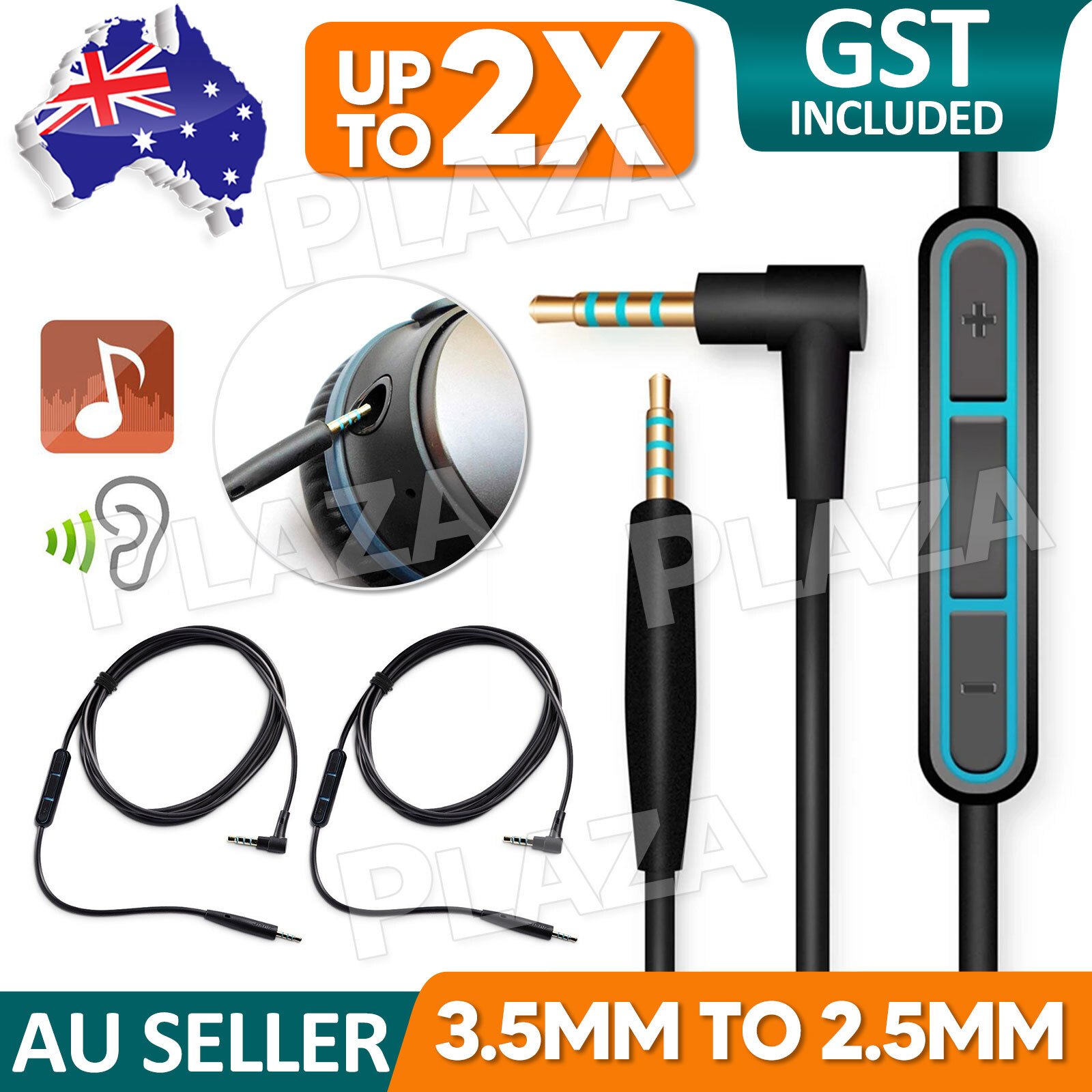 Bose QC25 QC35 Audio AUX Cable 3.5mm to 2.5mm Male Remote Mic Black 1.35M