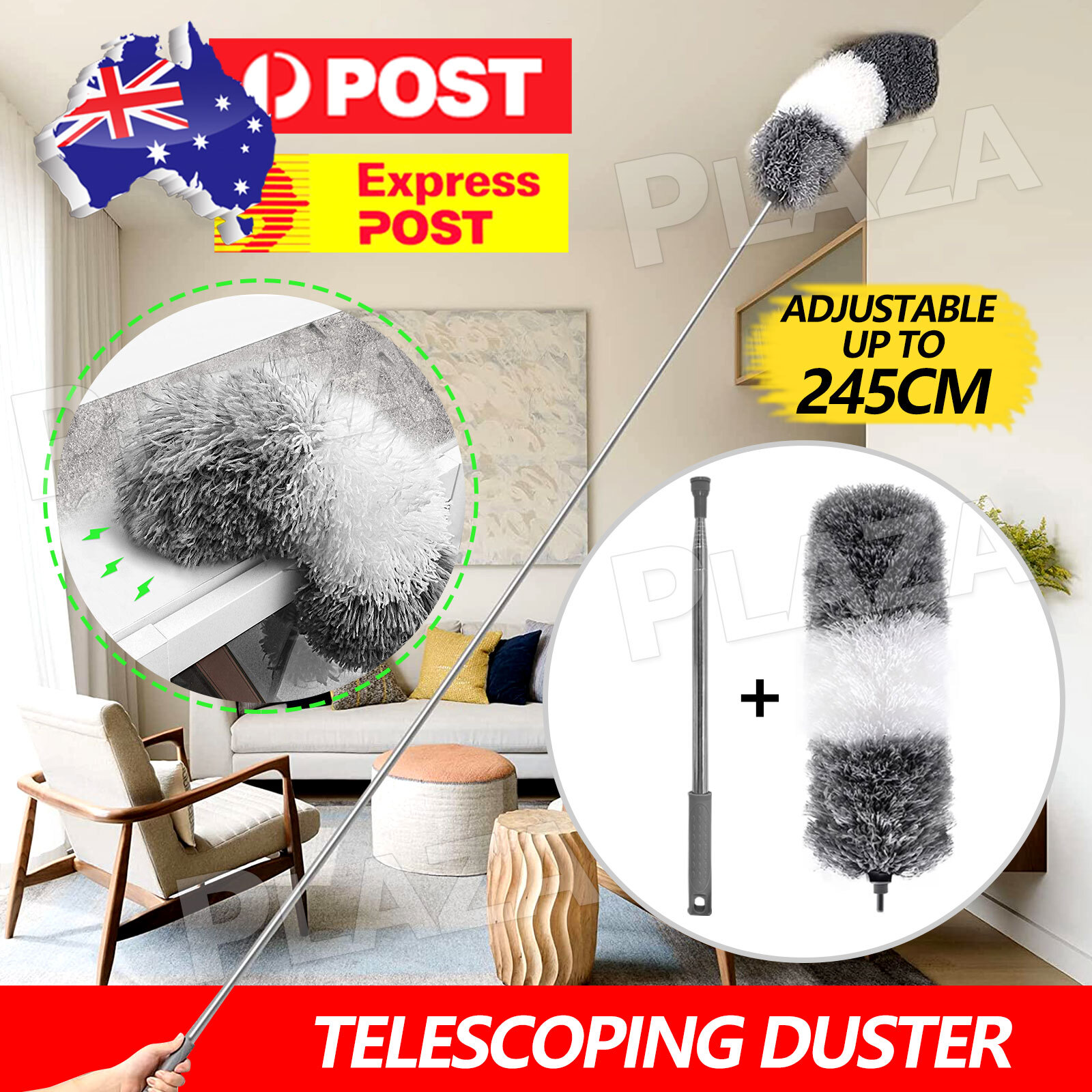 Telescopic Duster Extendable Steel Handle Microfibre Bendable Head Static 245cm