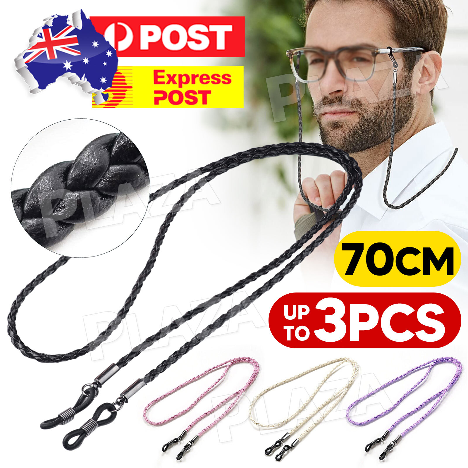 Leather Eyeglass Chain Strap 70CM Black Adjustable Rubber Grips Steel Coils
