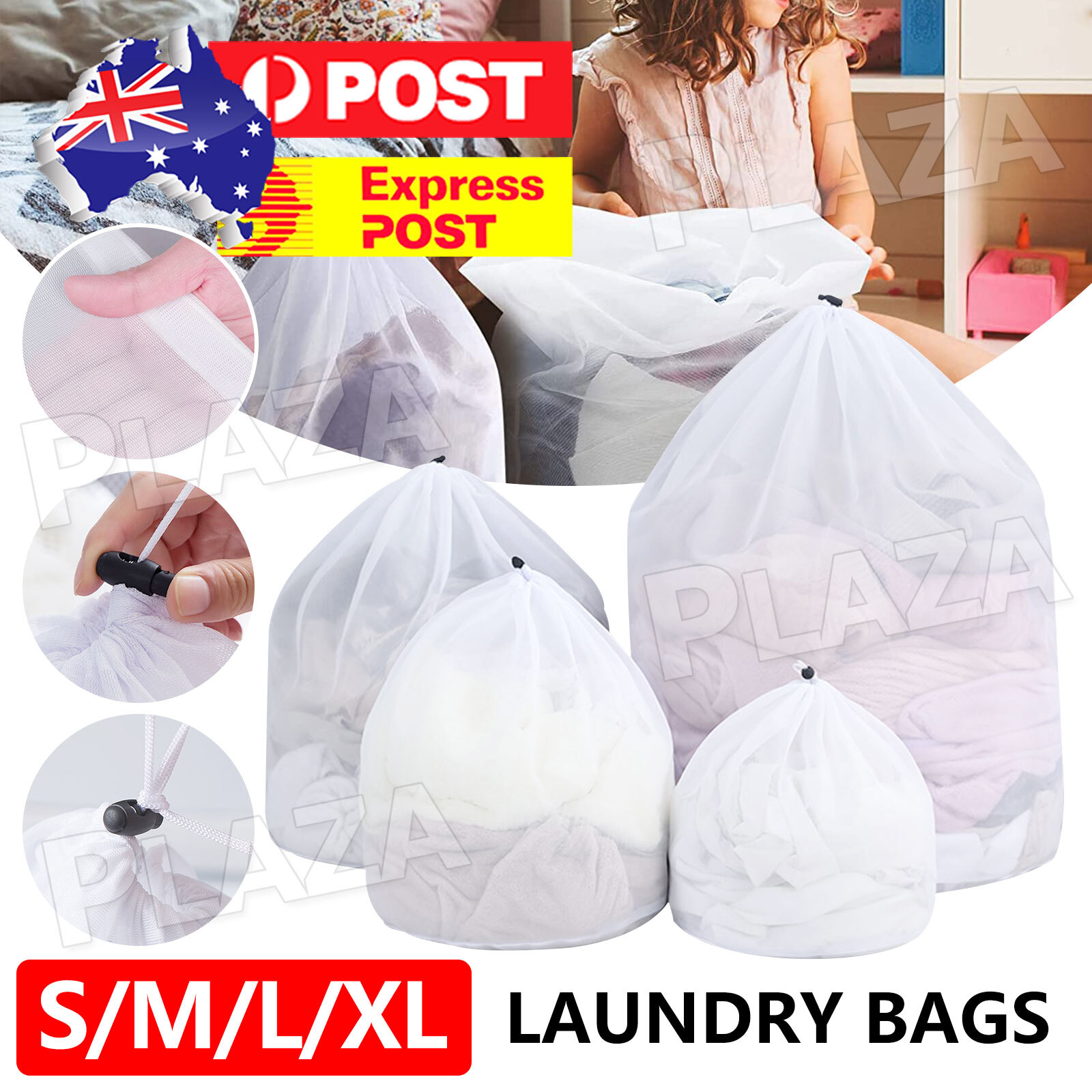Fine Mesh Laundry Wash Bag Polyester Drawstring White Clothes Small-40 30 cm