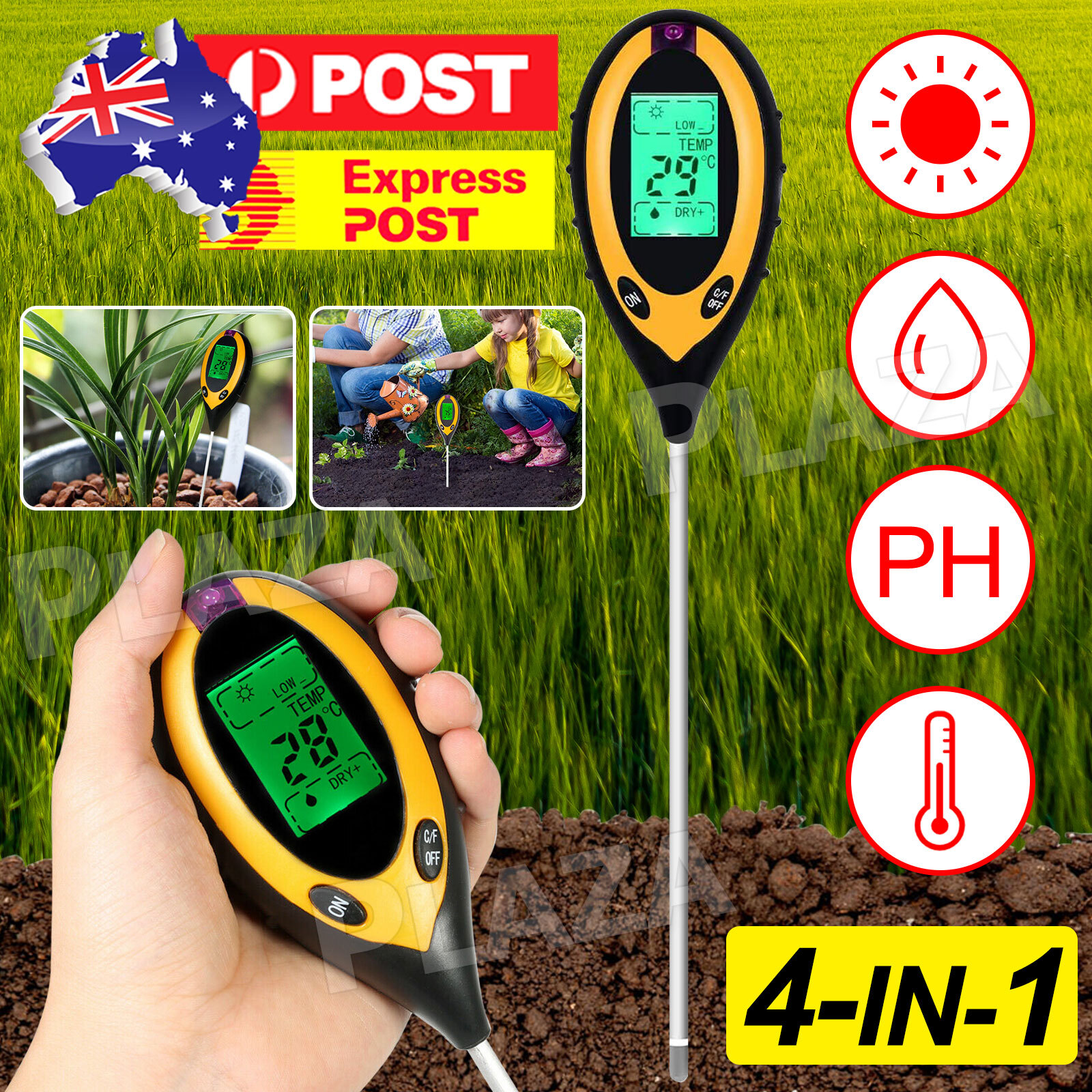 4 in 1 Soil PH Tester Moisture Light Temperature Meter Garden 19.7CM Yellow