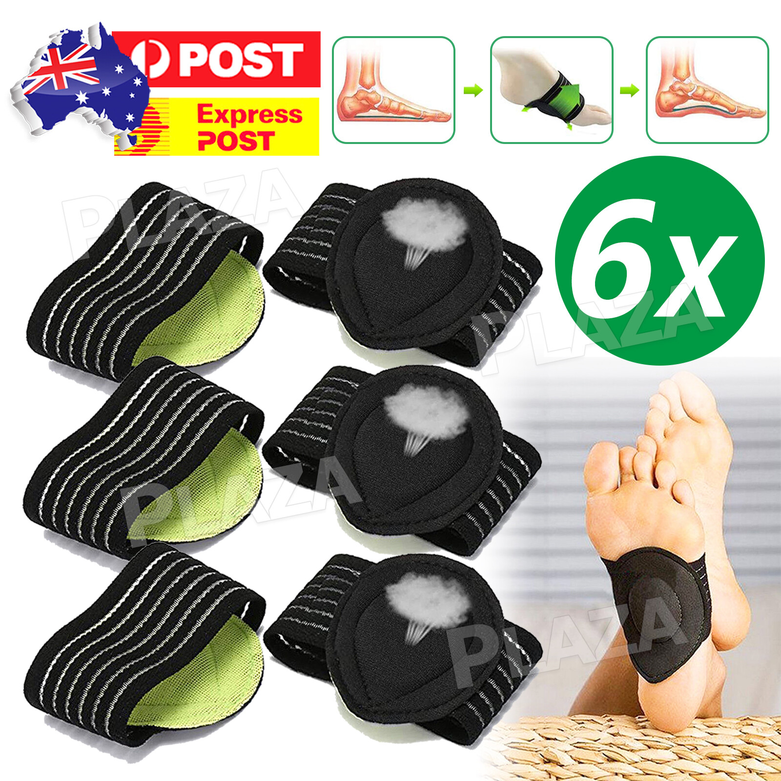 6PCS Plantar Fasciitis Insoles Foot Arch Support Orthotics Pad Black Green 2in1