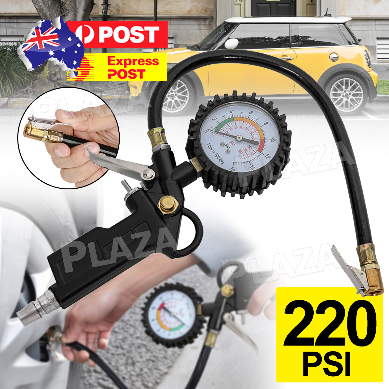 Tyre Pressure Gauge Gun Air Tire Inflator With Hose 220PSI 15BAR Car Motorcycle