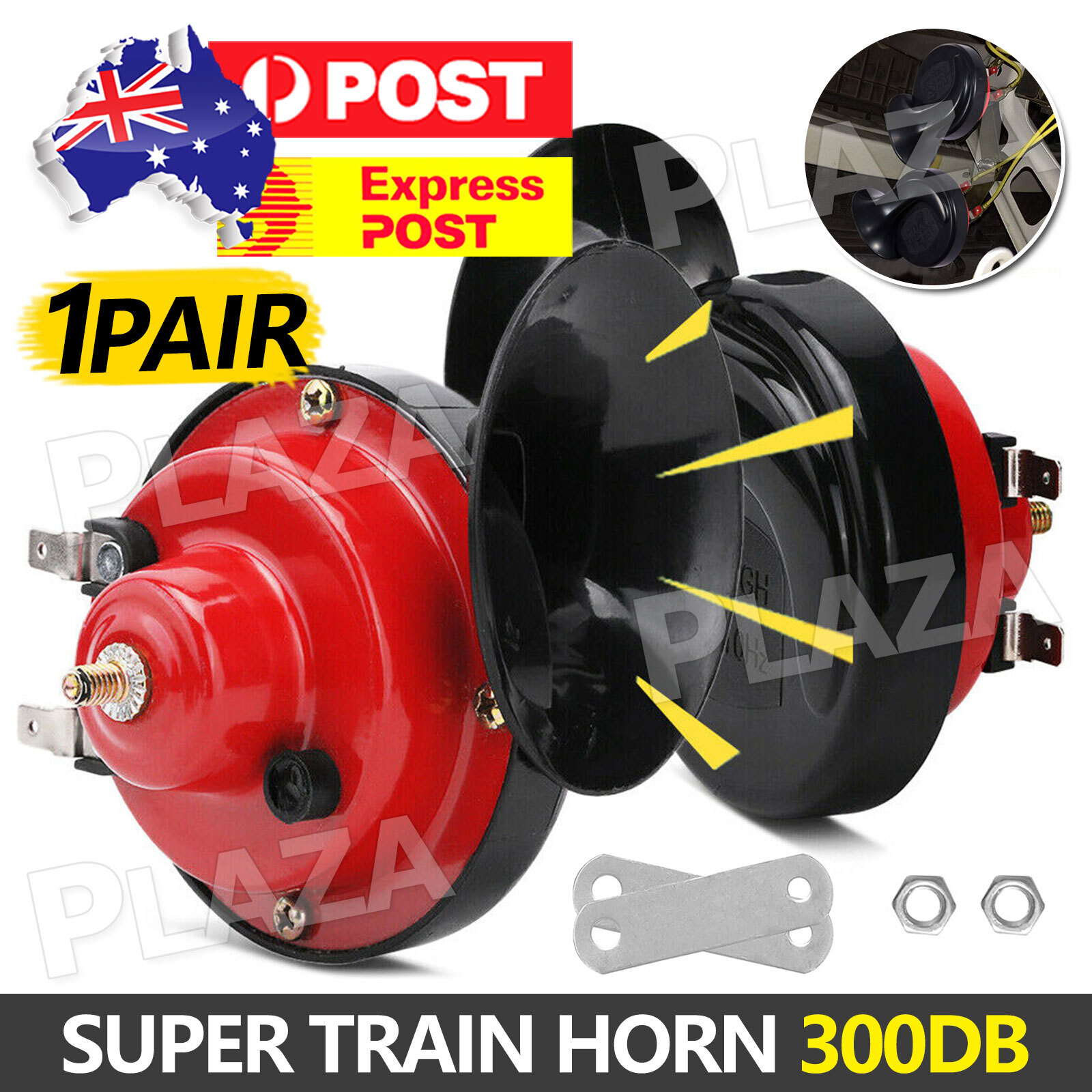 2Pcs 12V 300DB Super Train Horn Snail Black Red Metal Plastic 9CM Car Truck Boat