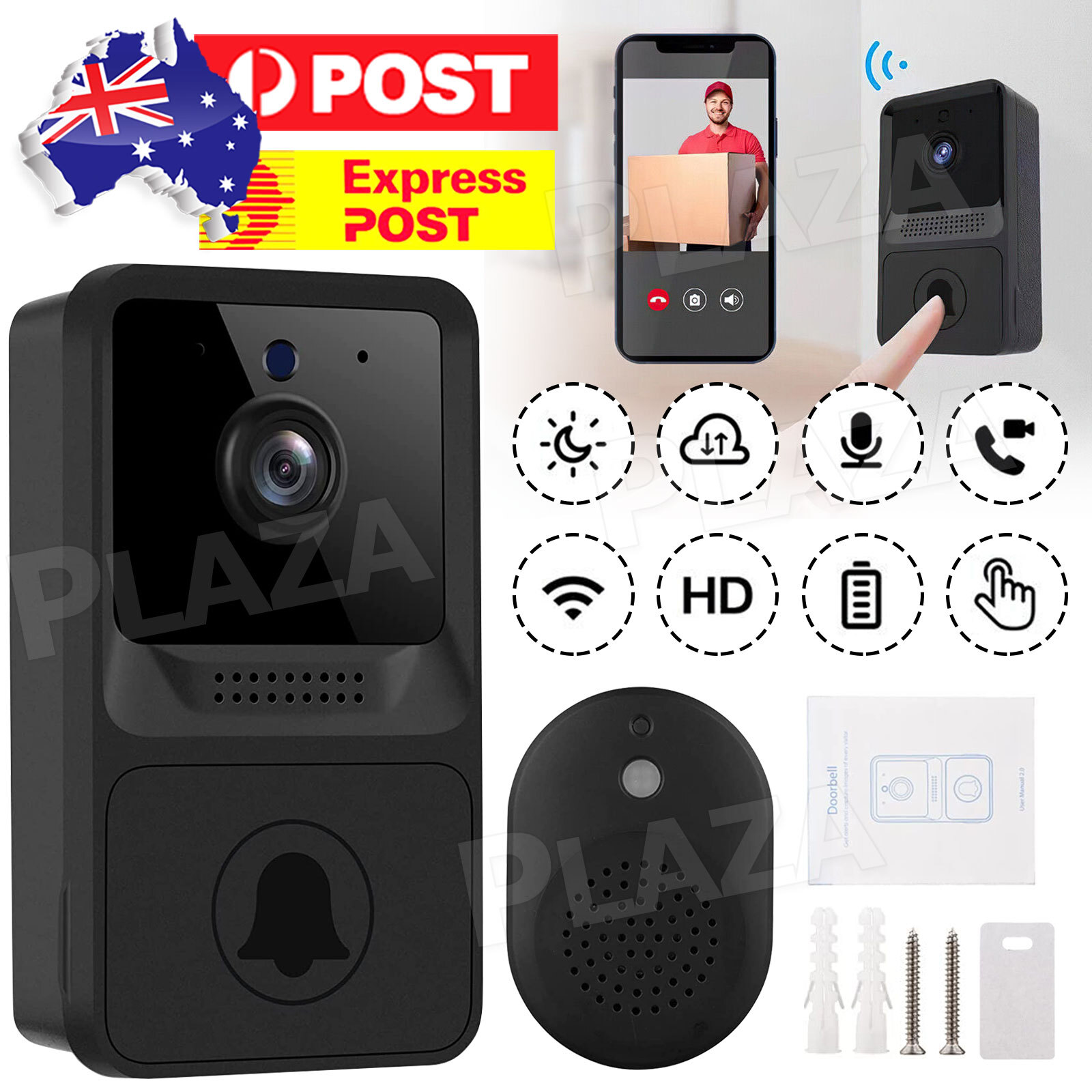 Wireless Video Door Bell WiFi Camera Night Vision Cloud Storage Black Ding Dong