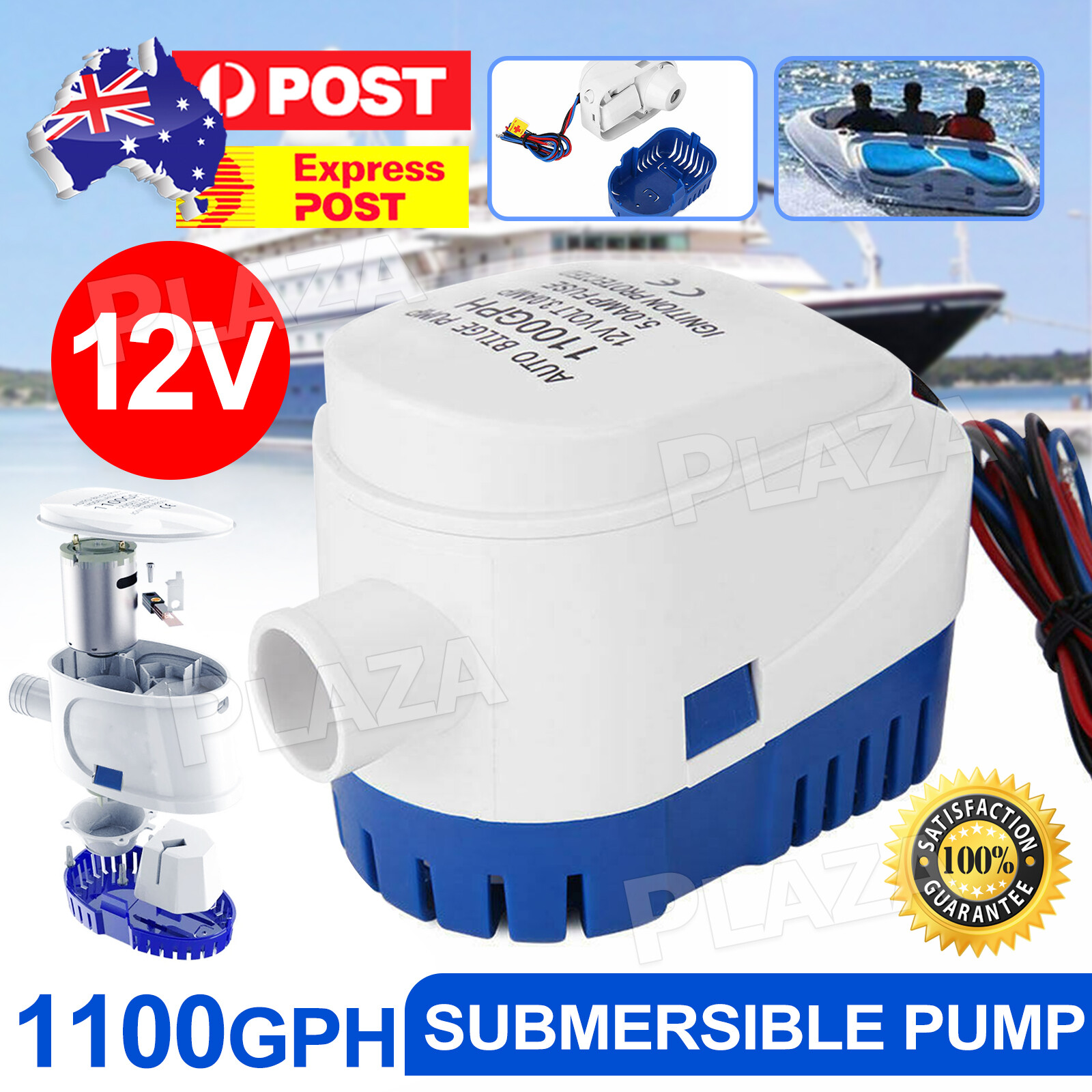 1100GPH 12V Automatic Marine Bilge Pump Submersible Float Switch White Electric