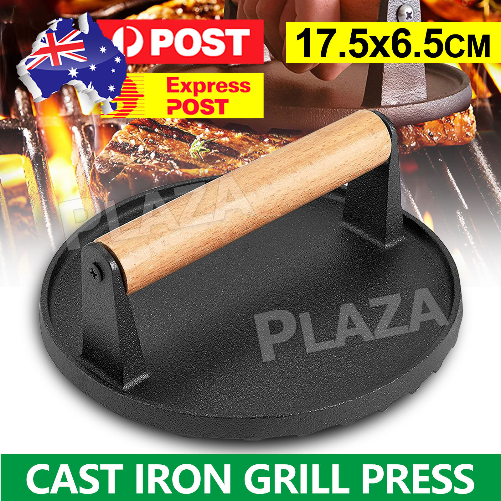 Cast Iron Burger Press Wooden Handles 17.5x6.5CM Grill BBQ Reusable Easy Clean