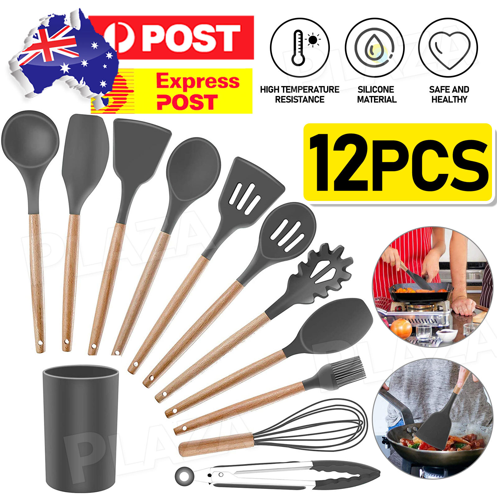 12PCS Black Silicone Wood Utensils Set Cooking Kitchen Baking Cookware BPA Free