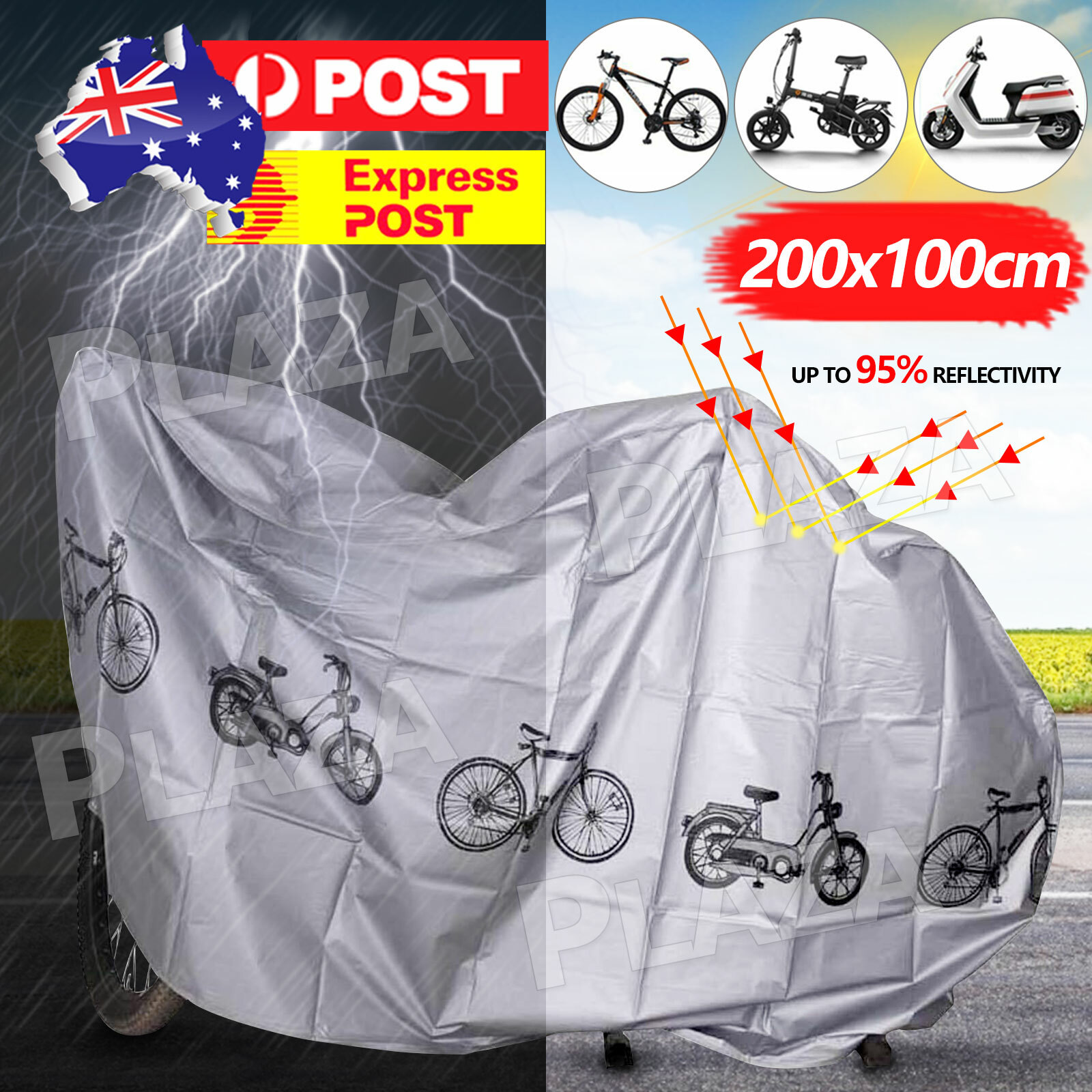 Waterproof Bike Cover PEVA 200cm 105cm Silver UV Rain Dust Resistant Outdoor