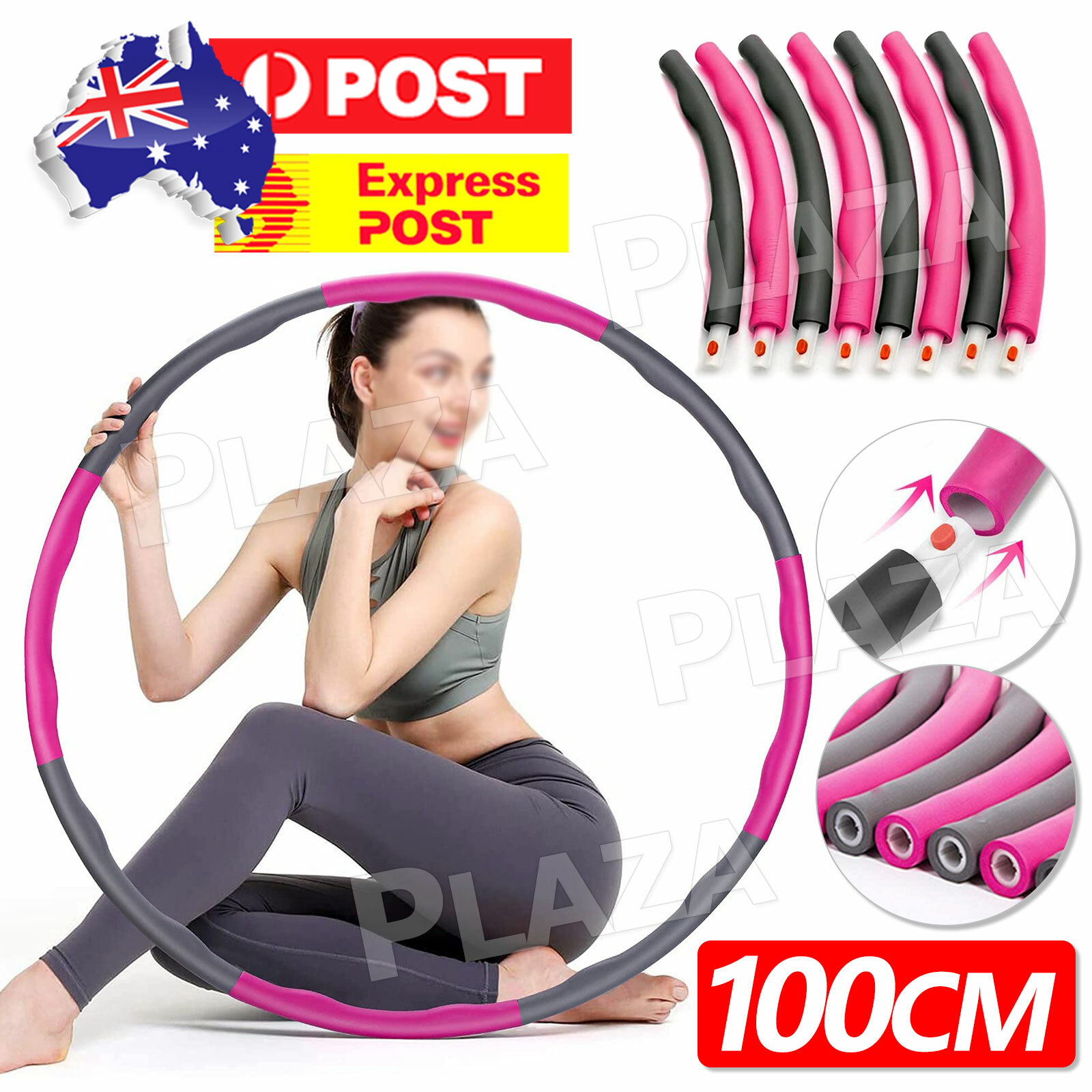 100CM Weighted Foam Padded Hula Hoop Waist Fitness Body Massage Pink&Grey 1kg