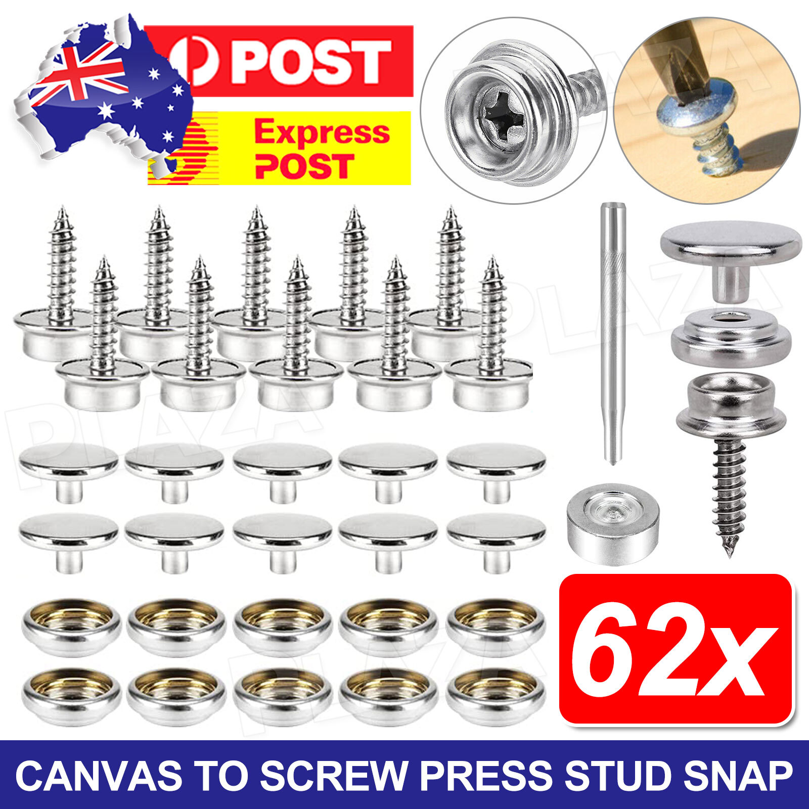 62pcs Stainless Steel Canvas Screw Press Stud Snap Kit 15mm Boat Covers Awnings