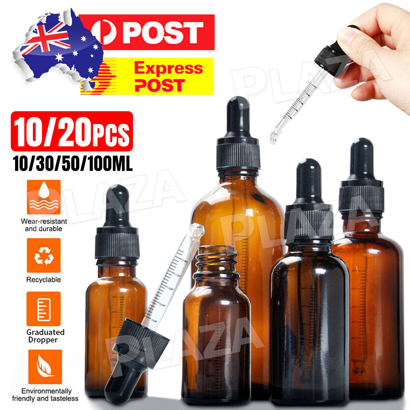 10PCS Amber Glass Essential Oil Dropper Bottle Brown Graduated Reusable 10ML